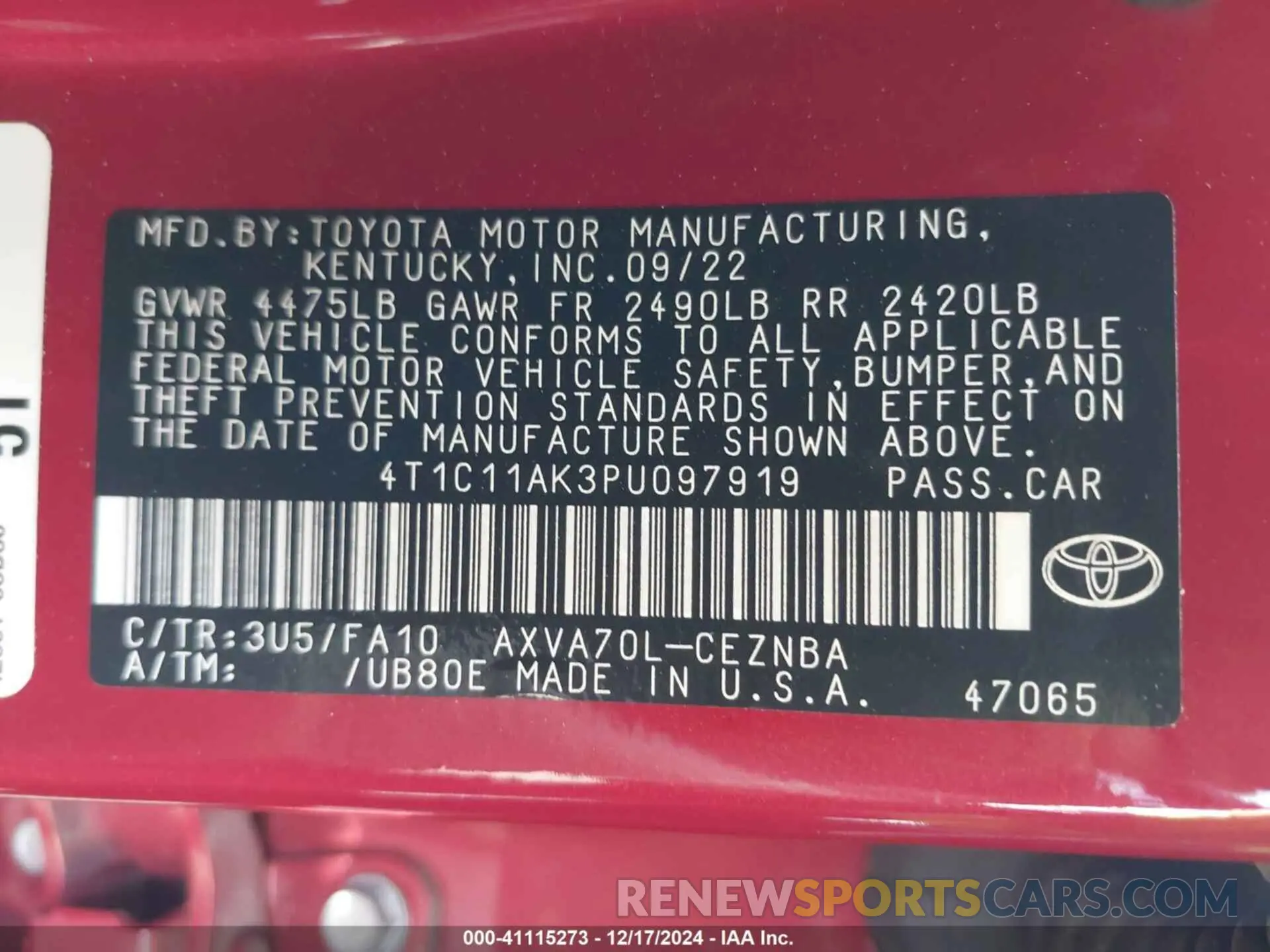 9 fotografías del automóvil dañado 4T1C11AK3PU097919 TOYOTA CAMRY 2023