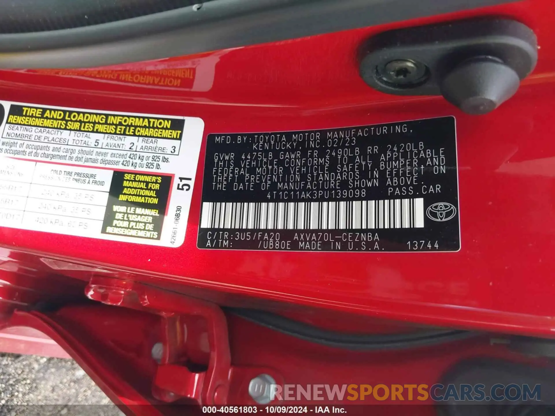 9 fotografías del automóvil dañado 4T1C11AK3PU139098 TOYOTA CAMRY 2023