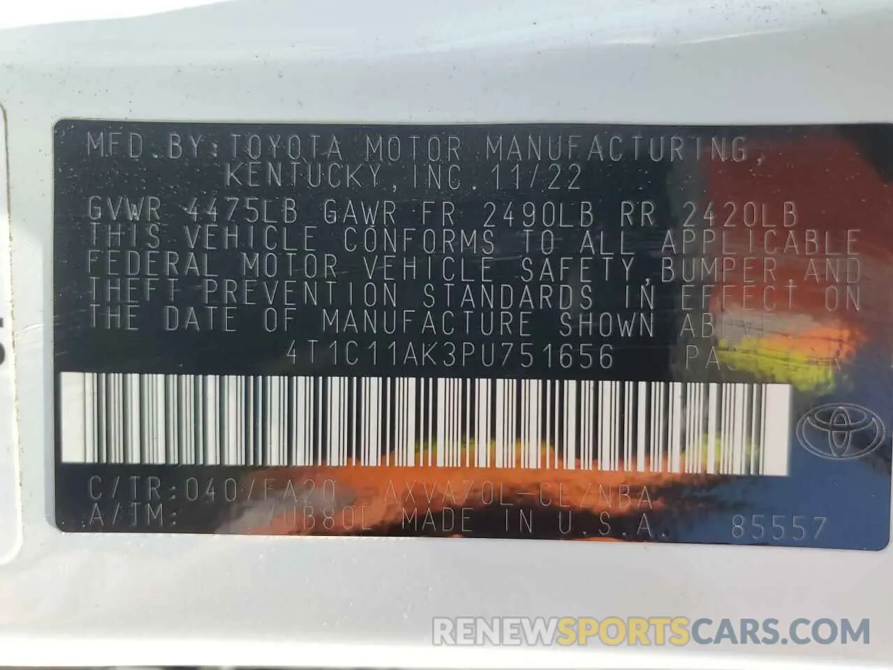 12 fotografías del automóvil dañado 4T1C11AK3PU751656 TOYOTA CAMRY 2023