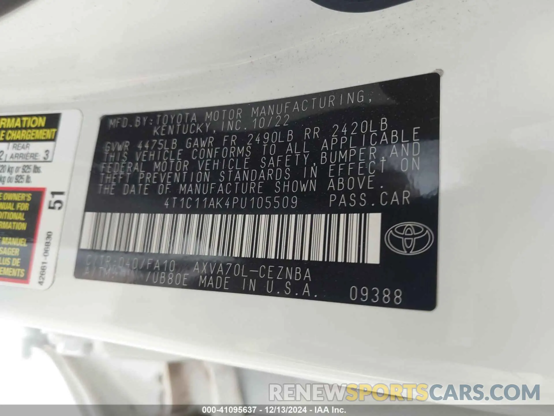 9 fotografías del automóvil dañado 4T1C11AK4PU105509 TOYOTA CAMRY 2023