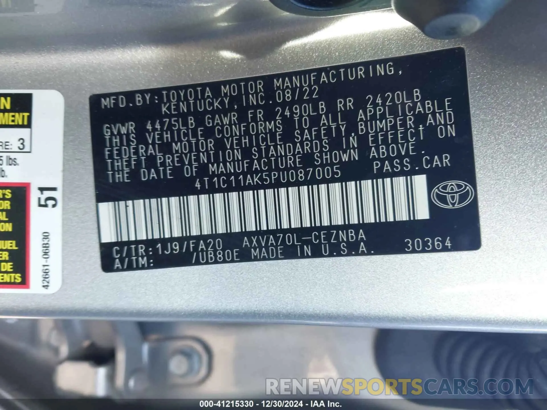 9 fotografías del automóvil dañado 4T1C11AK5PU087005 TOYOTA CAMRY 2023