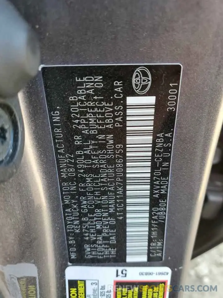 13 fotografías del automóvil dañado 4T1C11AK7PU086759 TOYOTA CAMRY 2023