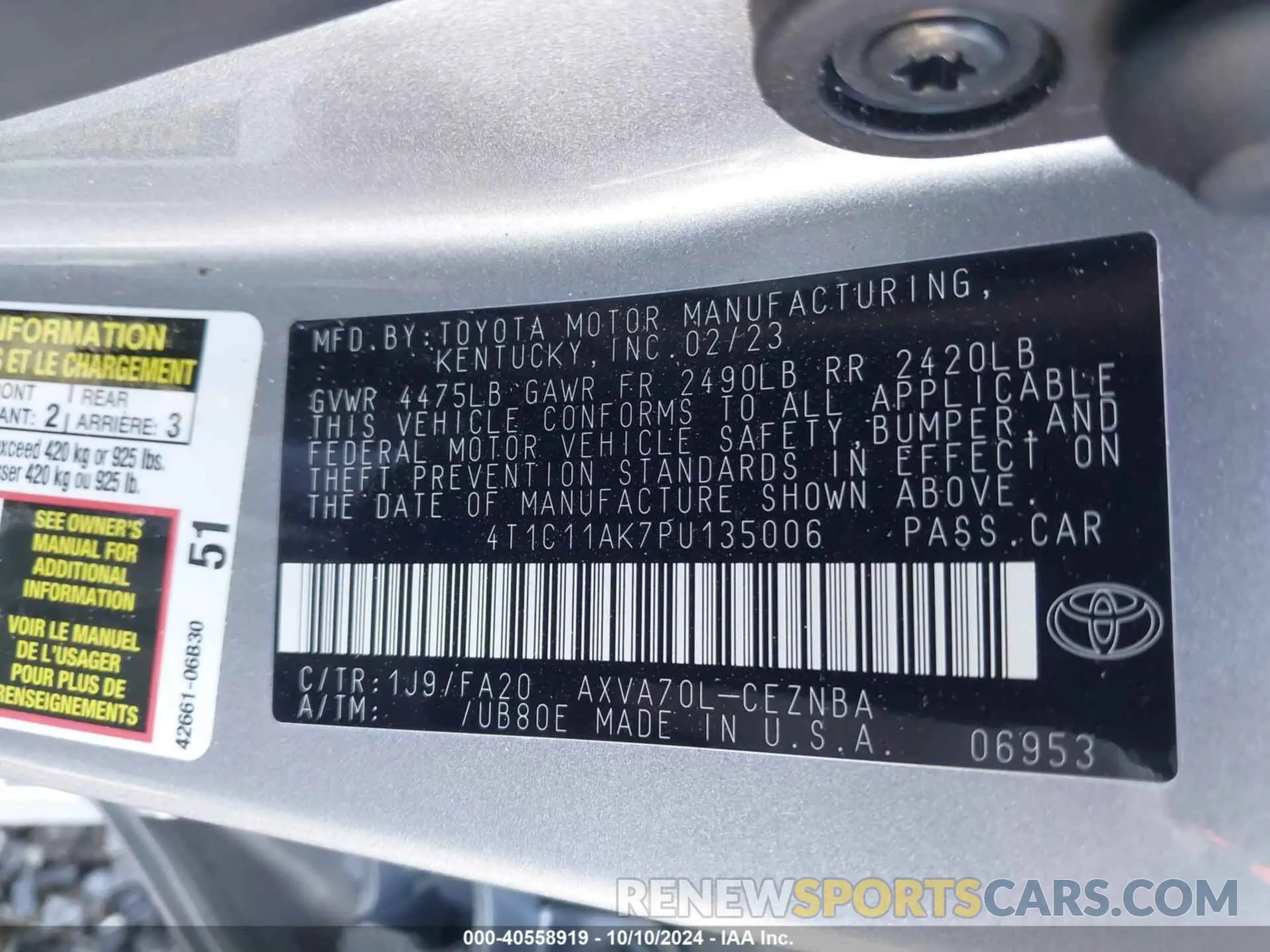 9 fotografías del automóvil dañado 4T1C11AK7PU135006 TOYOTA CAMRY 2023