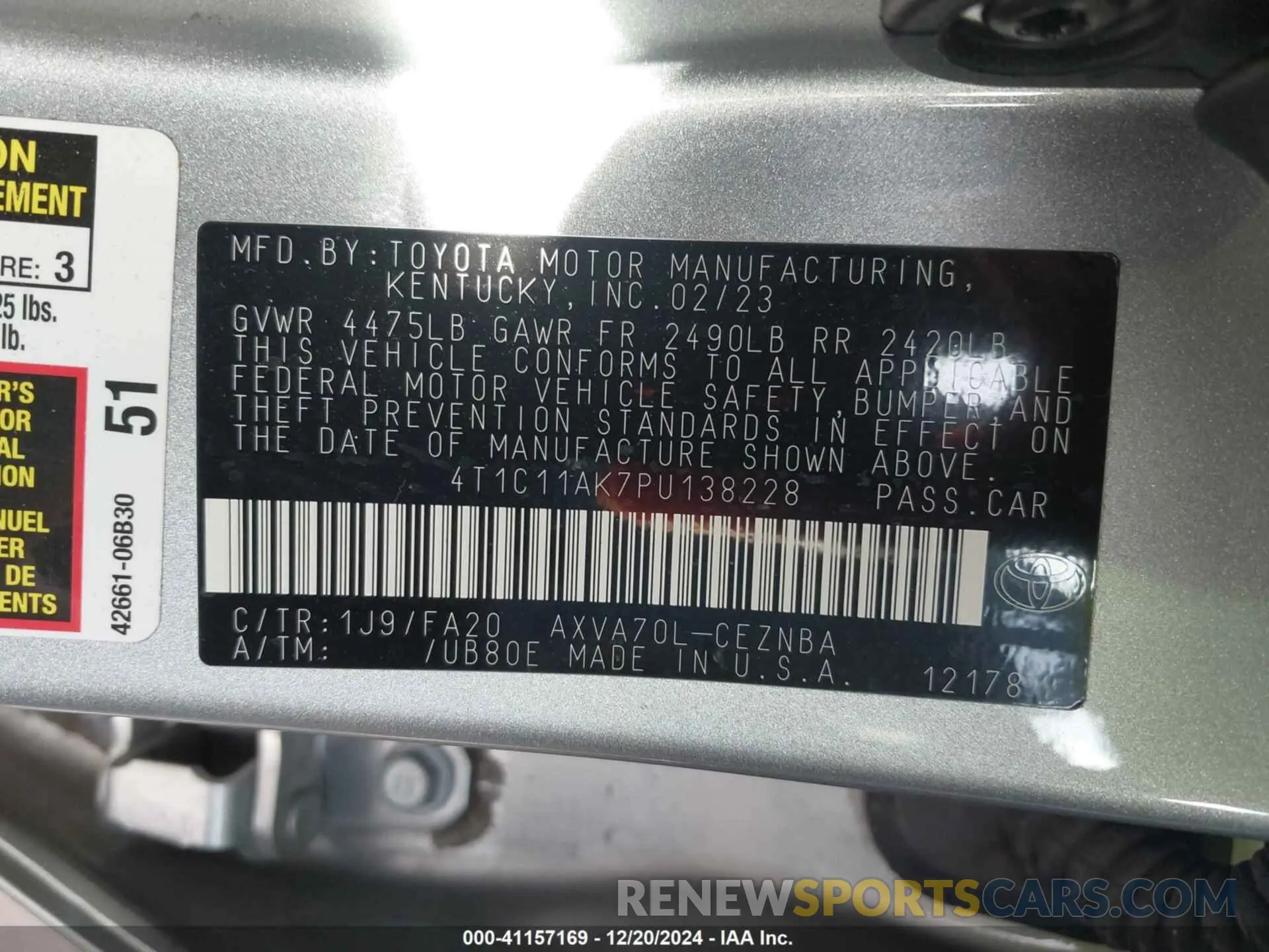 9 fotografías del automóvil dañado 4T1C11AK7PU138228 TOYOTA CAMRY 2023