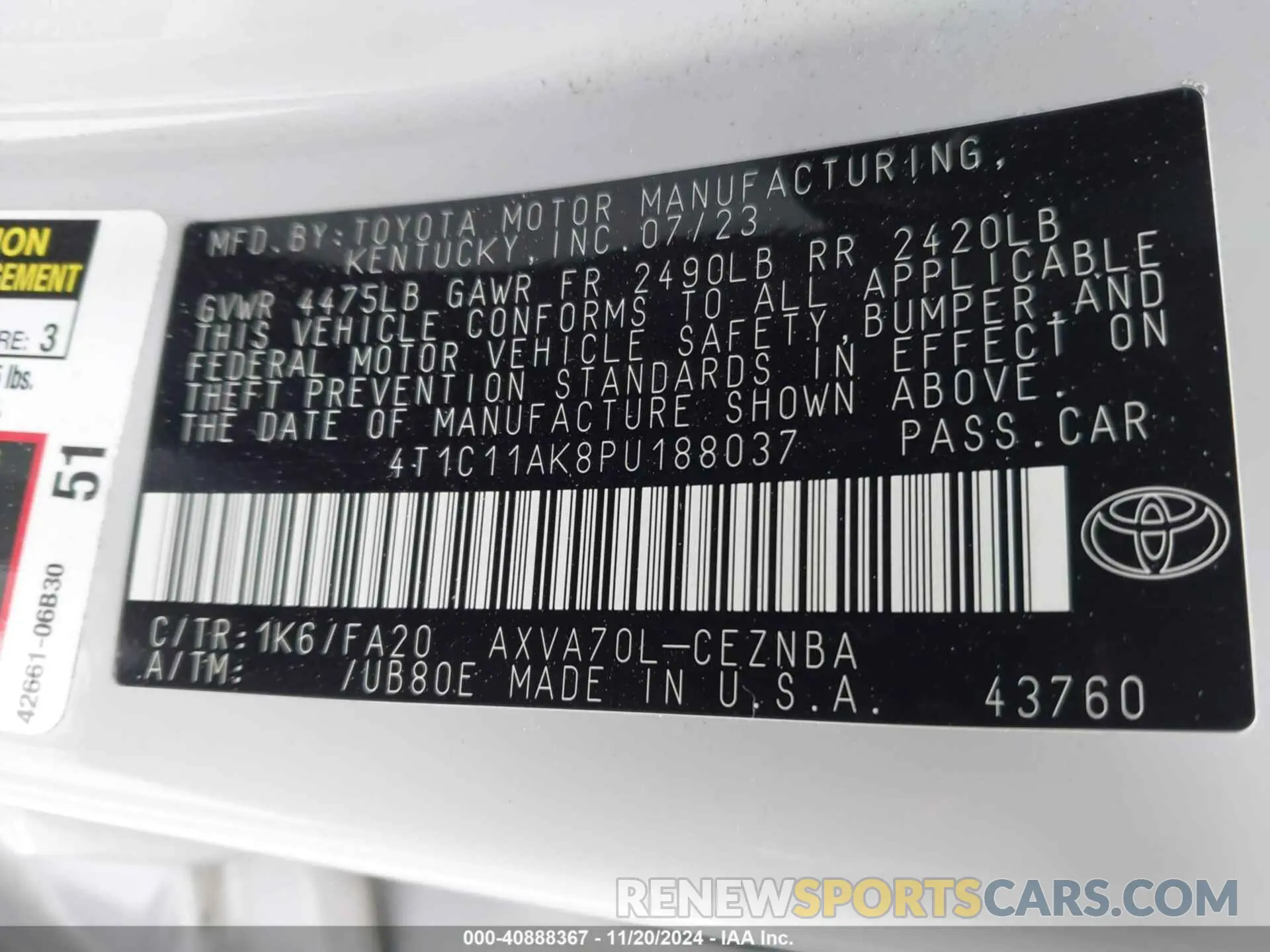 9 fotografías del automóvil dañado 4T1C11AK8PU188037 TOYOTA CAMRY 2023