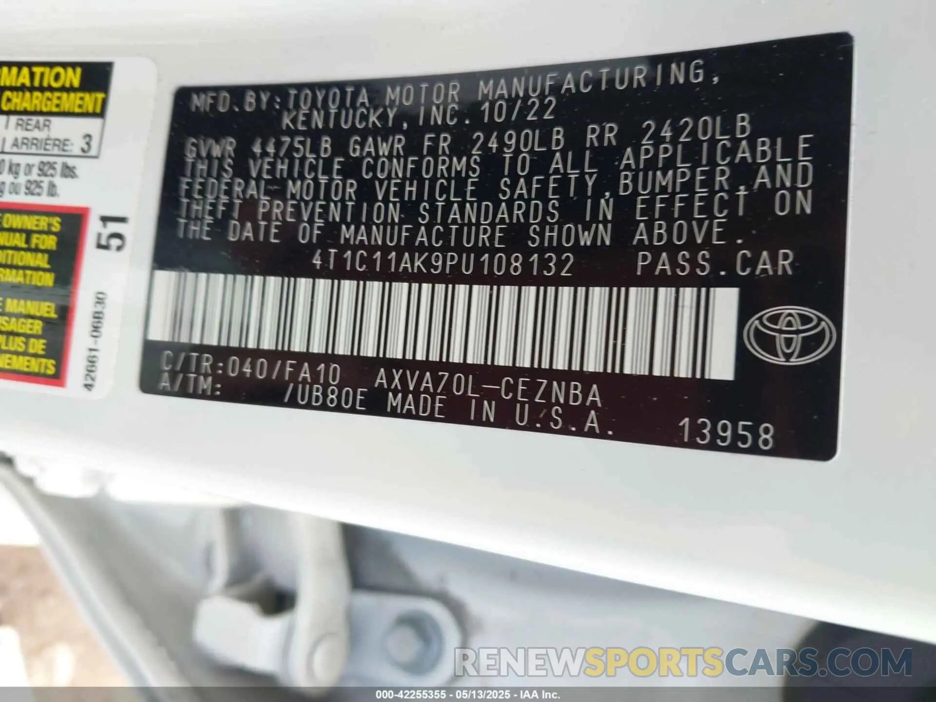 9 fotografías del automóvil dañado 4T1C11AK9PU108132 TOYOTA CAMRY 2023
