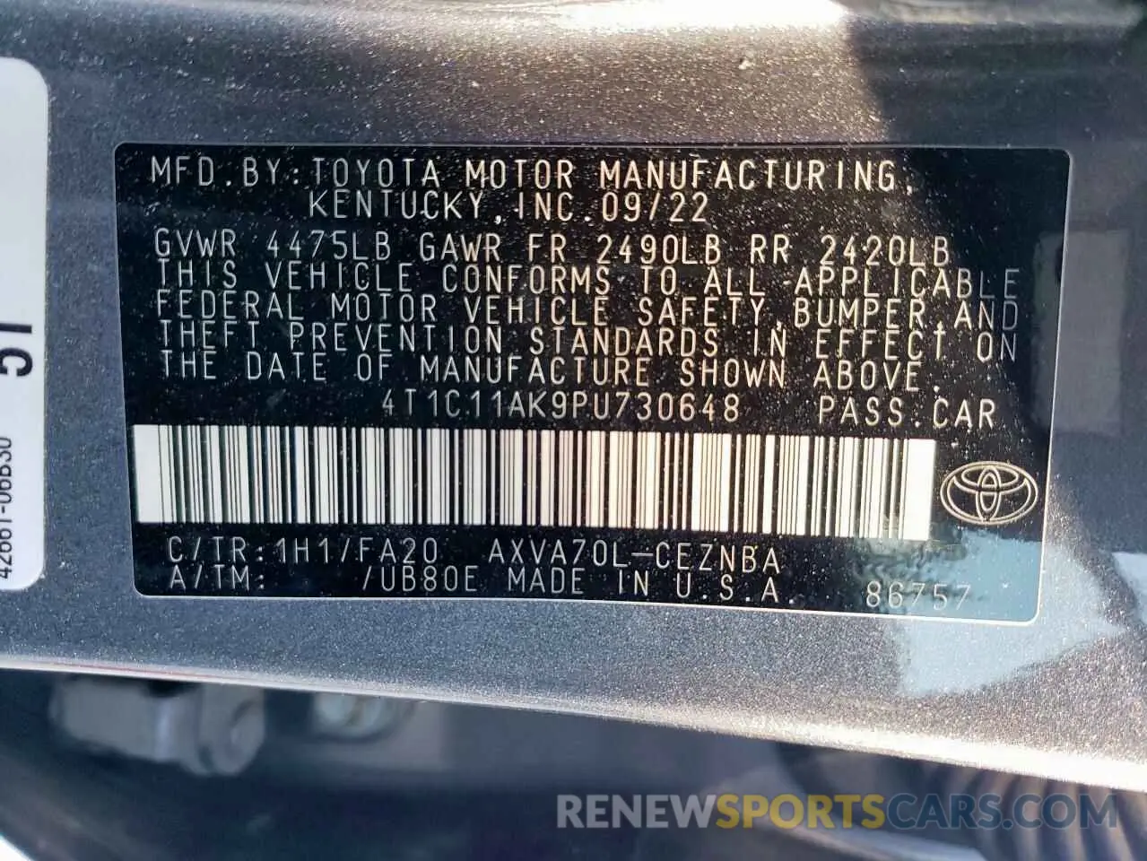 12 fotografías del automóvil dañado 4T1C11AK9PU730648 TOYOTA CAMRY 2023