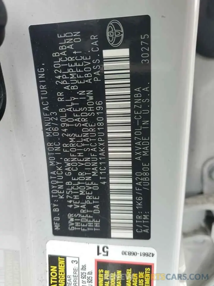 13 fotografías del automóvil dañado 4T1C11AKXPU180196 TOYOTA CAMRY 2023