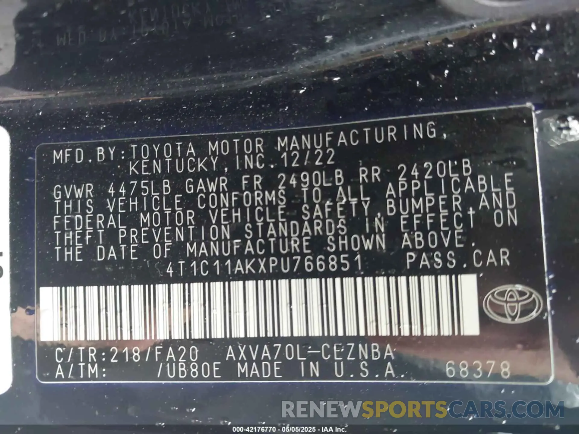9 fotografías del automóvil dañado 4T1C11AKXPU766851 TOYOTA CAMRY 2023