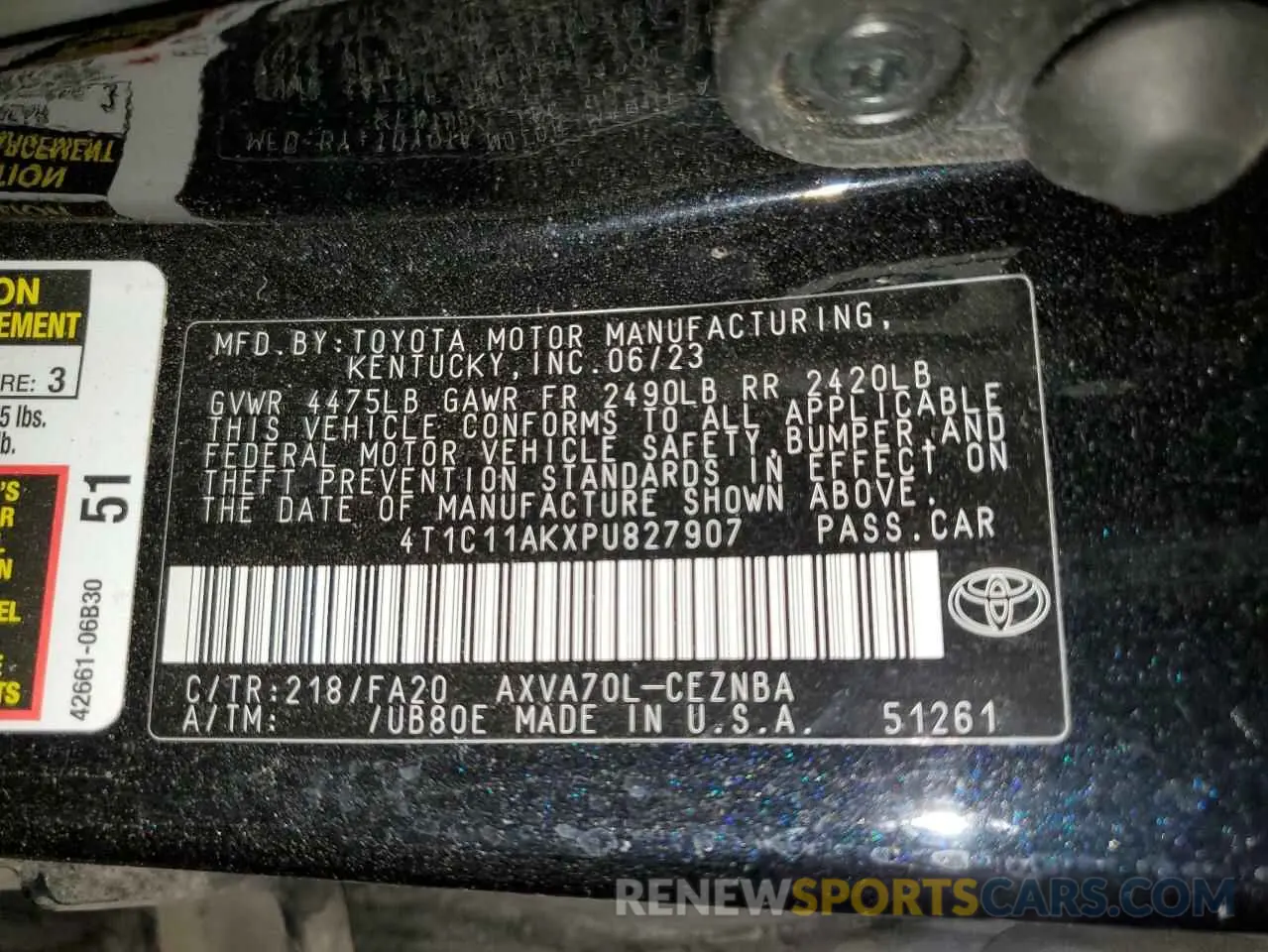 12 fotografías del automóvil dañado 4T1C11AKXPU827907 TOYOTA CAMRY 2023