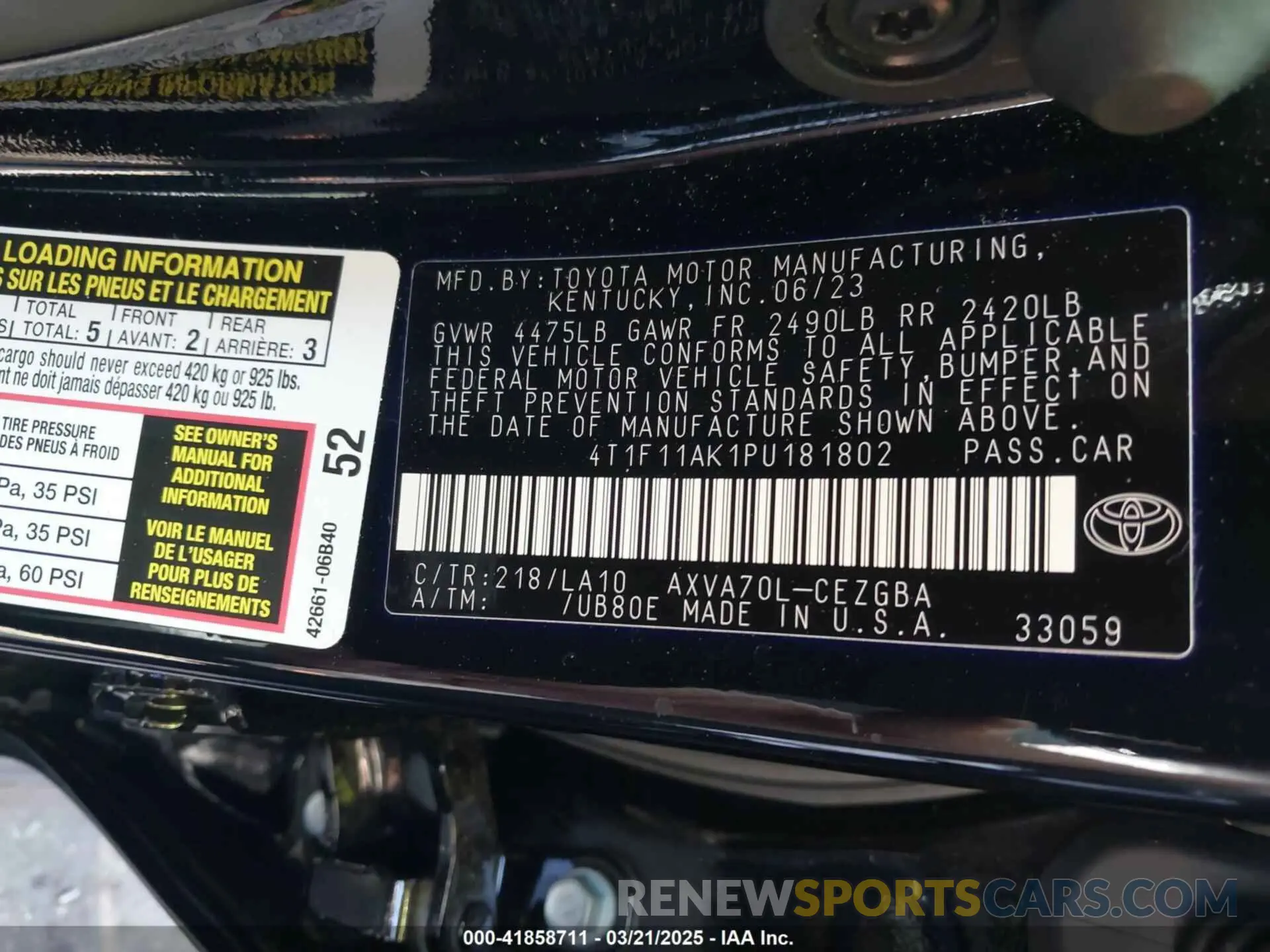 9 fotografías del automóvil dañado 4T1F11AK1PU181802 TOYOTA CAMRY 2023