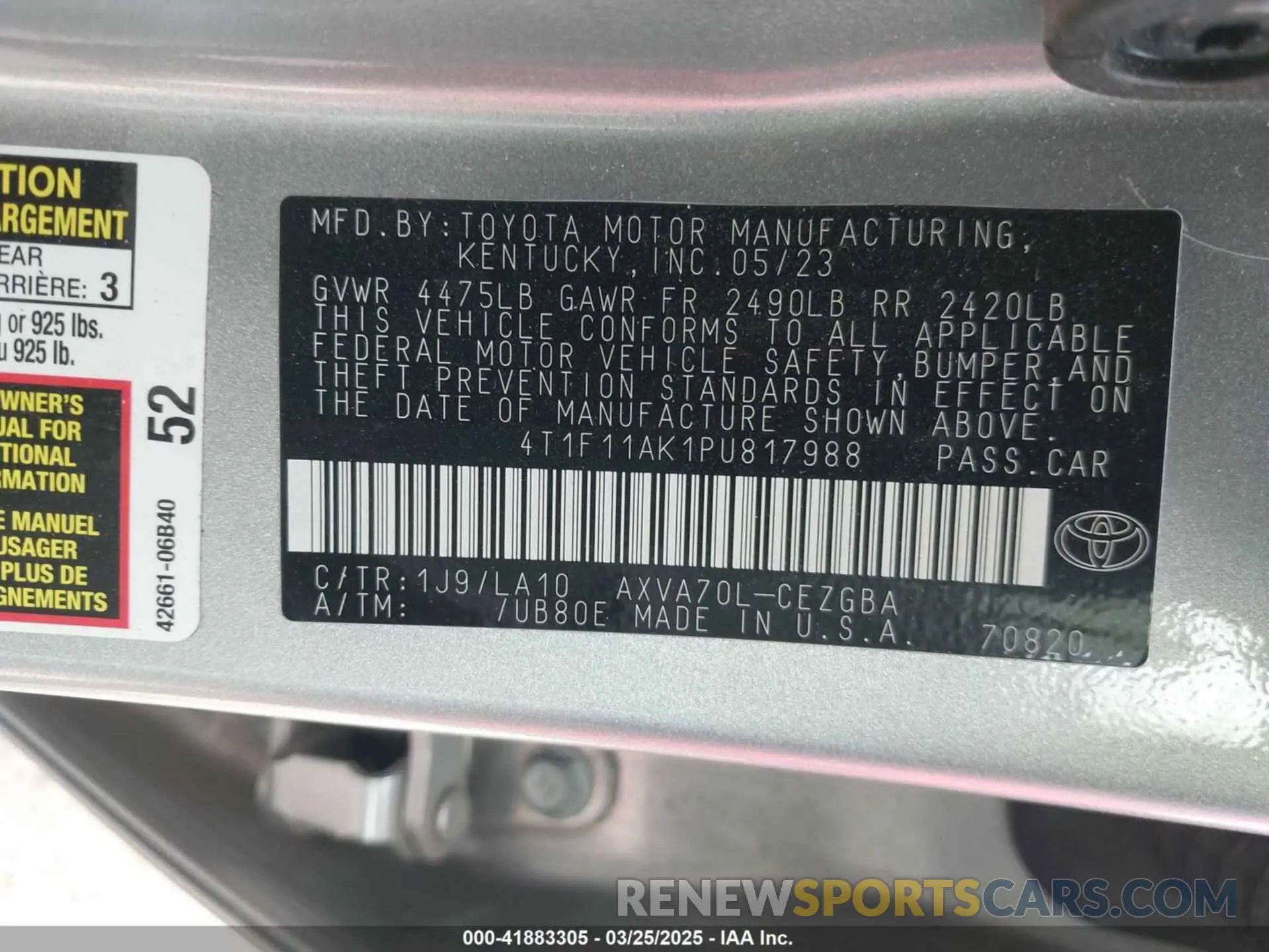 9 fotografías del automóvil dañado 4T1F11AK1PU817988 TOYOTA CAMRY 2023