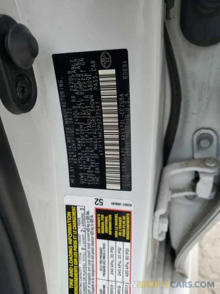 12 fotografías del automóvil dañado 4T1F11AK2PU727541 TOYOTA CAMRY 2023