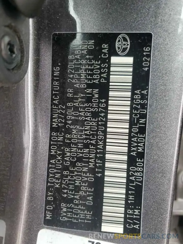 14 fotografías del automóvil dañado 4T1F11AK9PU124764 TOYOTA CAMRY 2023