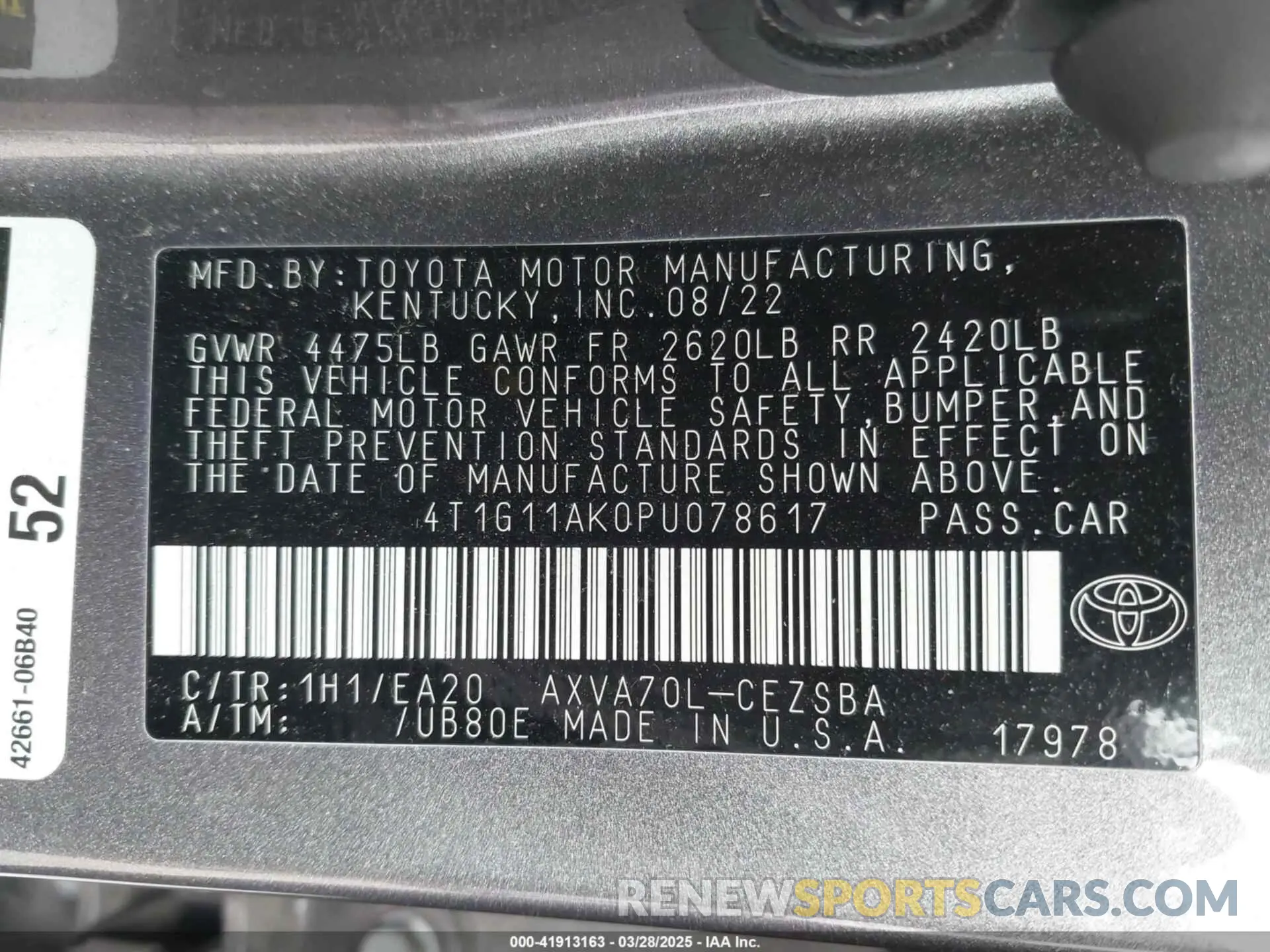 9 fotografías del automóvil dañado 4T1G11AK0PU078617 TOYOTA CAMRY 2023