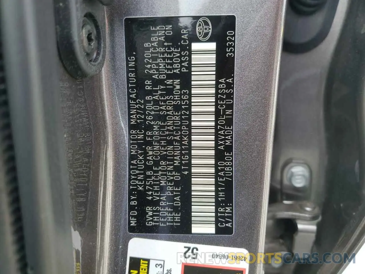 12 fotografías del automóvil dañado 4T1G11AK0PU121563 TOYOTA CAMRY 2023