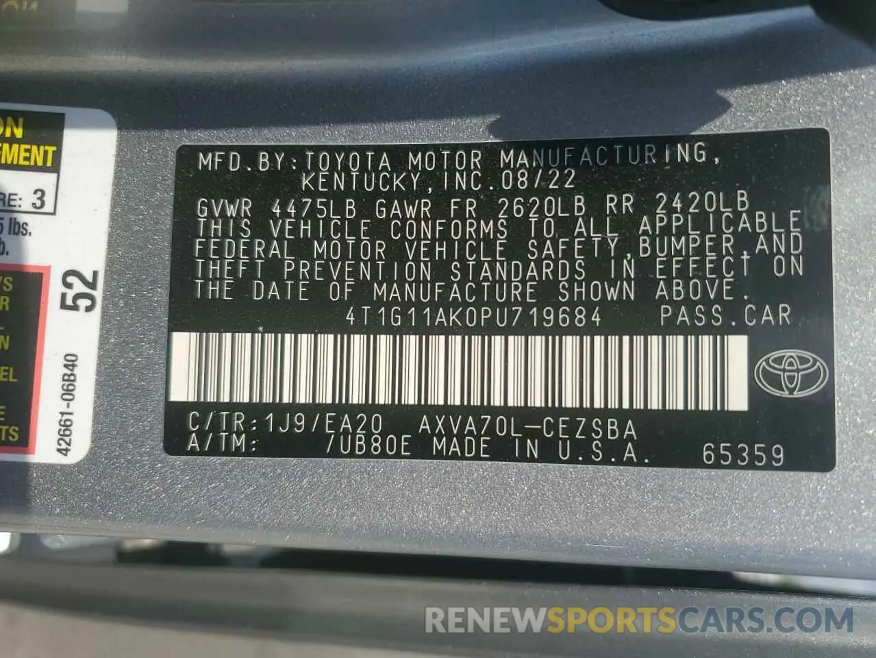 14 fotografías del automóvil dañado 4T1G11AK0PU719684 TOYOTA CAMRY 2023
