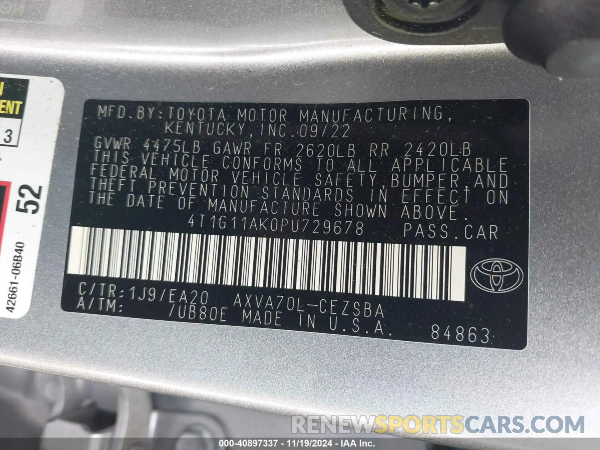 9 fotografías del automóvil dañado 4T1G11AK0PU729678 TOYOTA CAMRY 2023