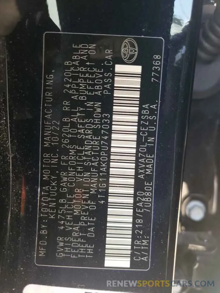 12 fotografías del automóvil dañado 4T1G11AK0PU747033 TOYOTA CAMRY 2023