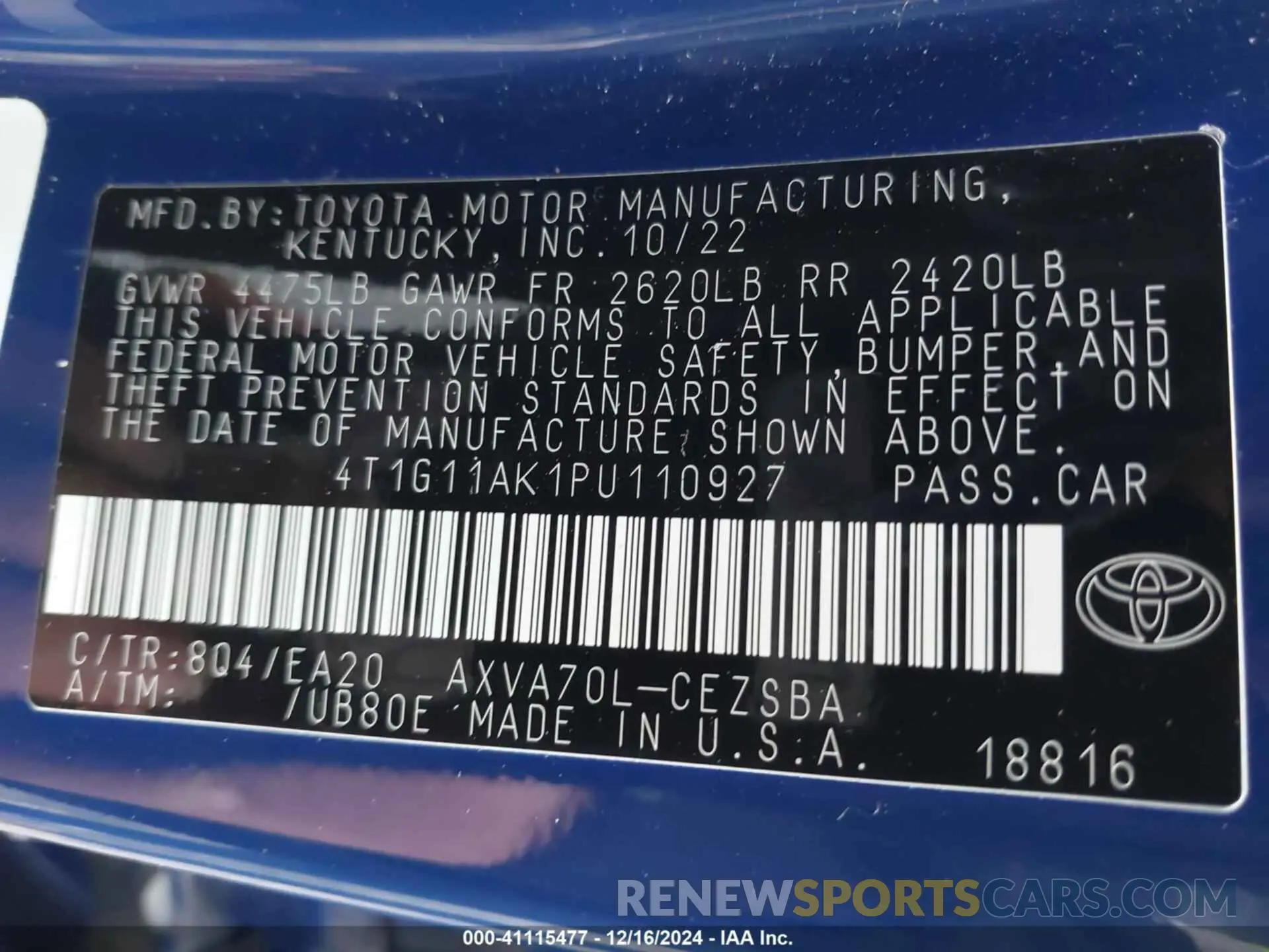 9 fotografías del automóvil dañado 4T1G11AK1PU110927 TOYOTA CAMRY 2023