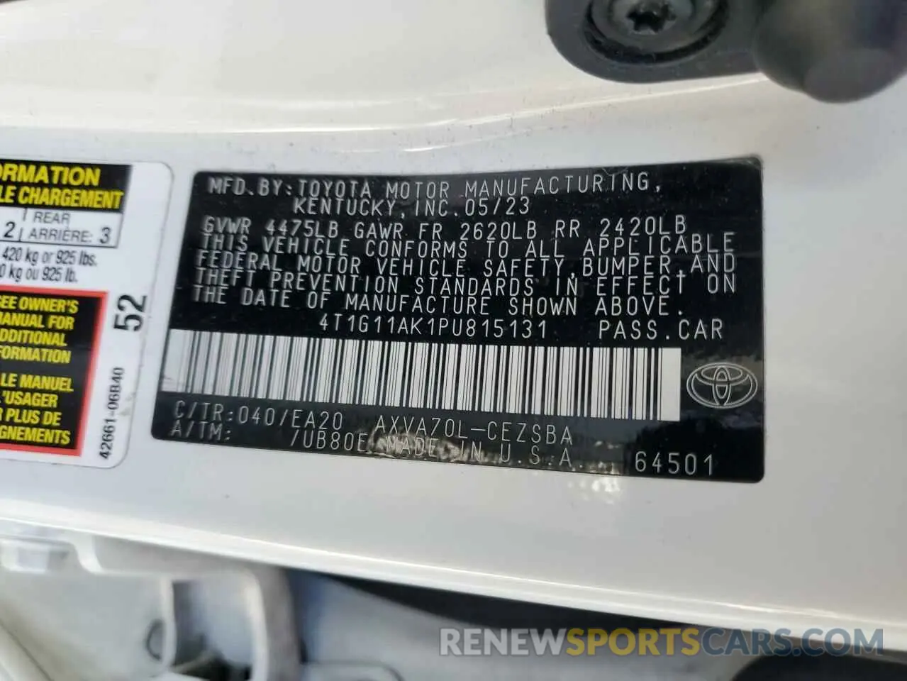 12 fotografías del automóvil dañado 4T1G11AK1PU815131 TOYOTA CAMRY 2023