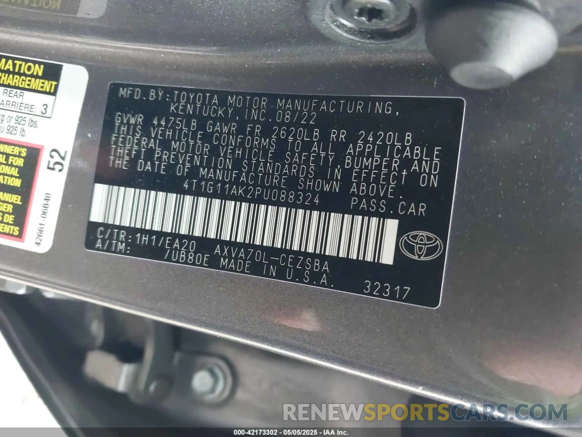 9 fotografías del automóvil dañado 4T1G11AK2PU088324 TOYOTA CAMRY 2023