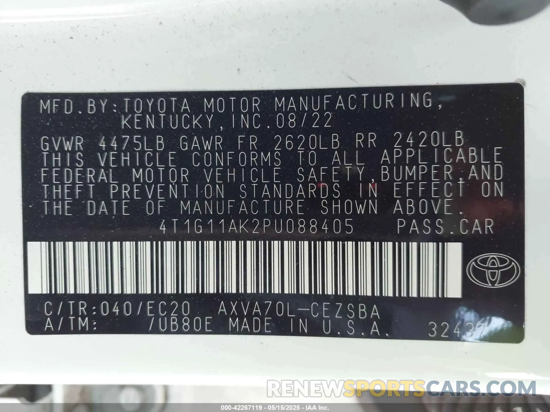 9 fotografías del automóvil dañado 4T1G11AK2PU088405 TOYOTA CAMRY 2023