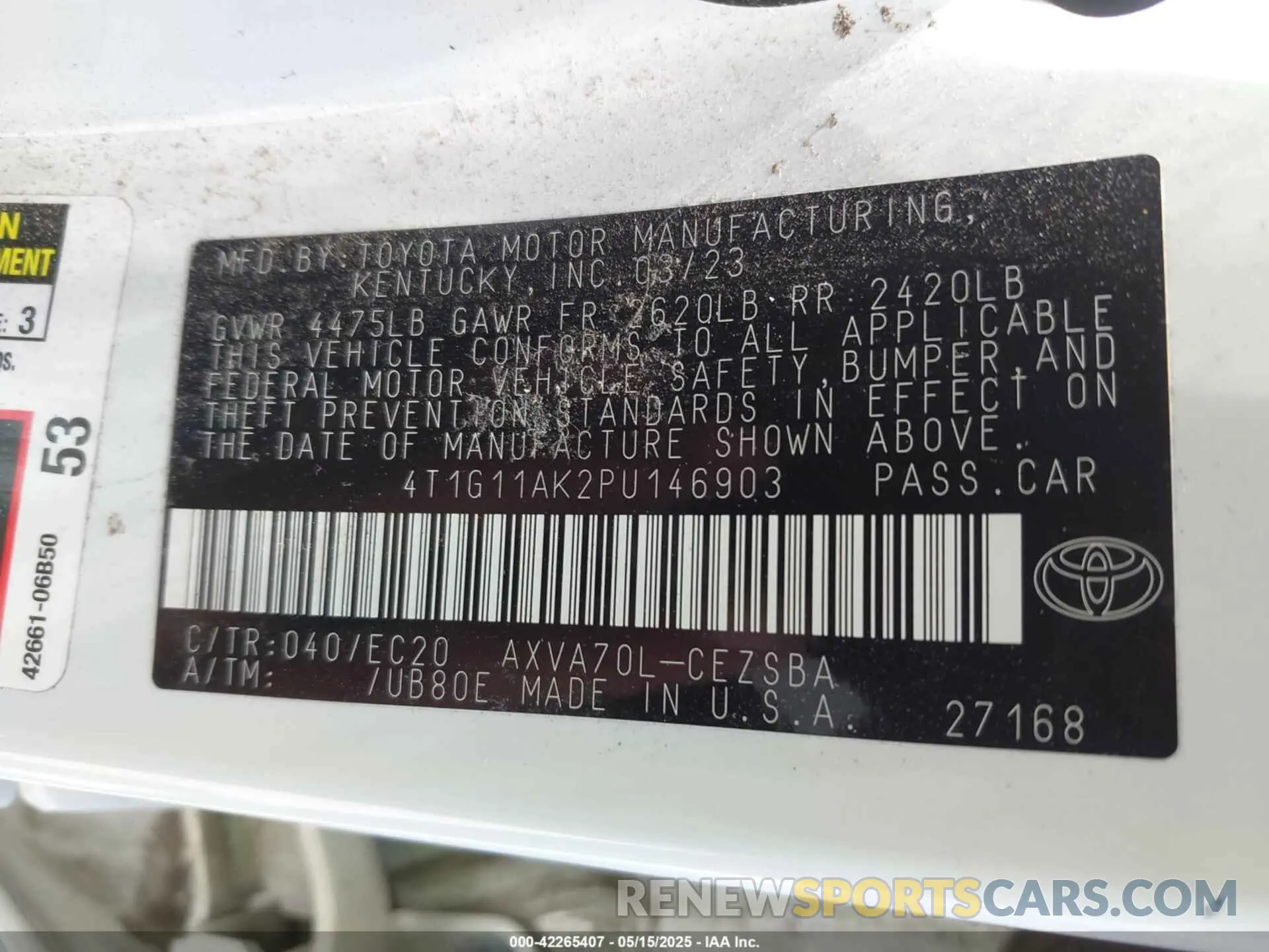 9 fotografías del automóvil dañado 4T1G11AK2PU146903 TOYOTA CAMRY 2023