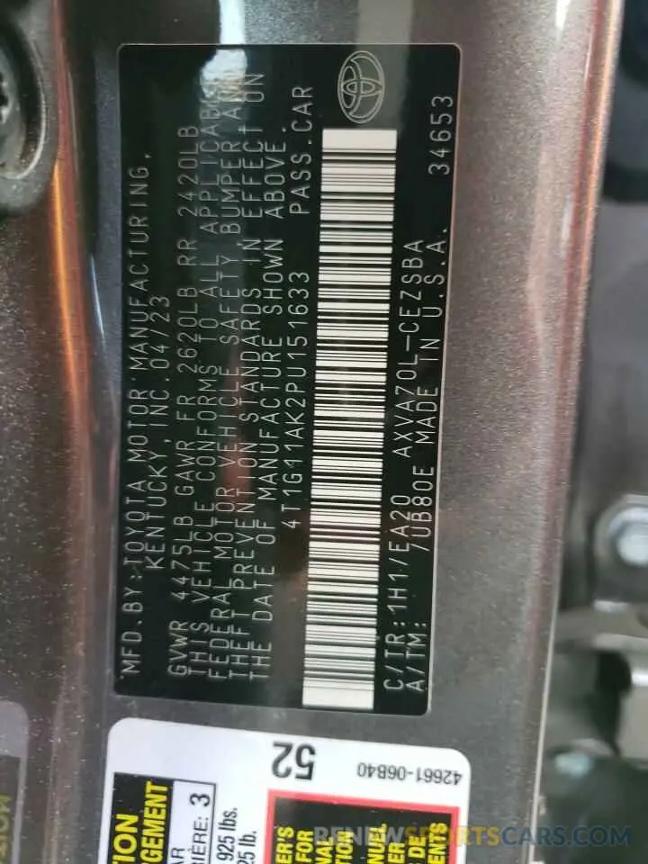 12 fotografías del automóvil dañado 4T1G11AK2PU151633 TOYOTA CAMRY 2023