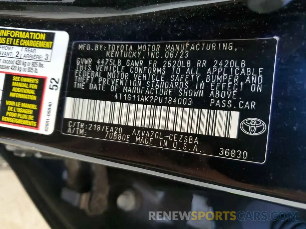 12 fotografías del automóvil dañado 4T1G11AK2PU184003 TOYOTA CAMRY 2023