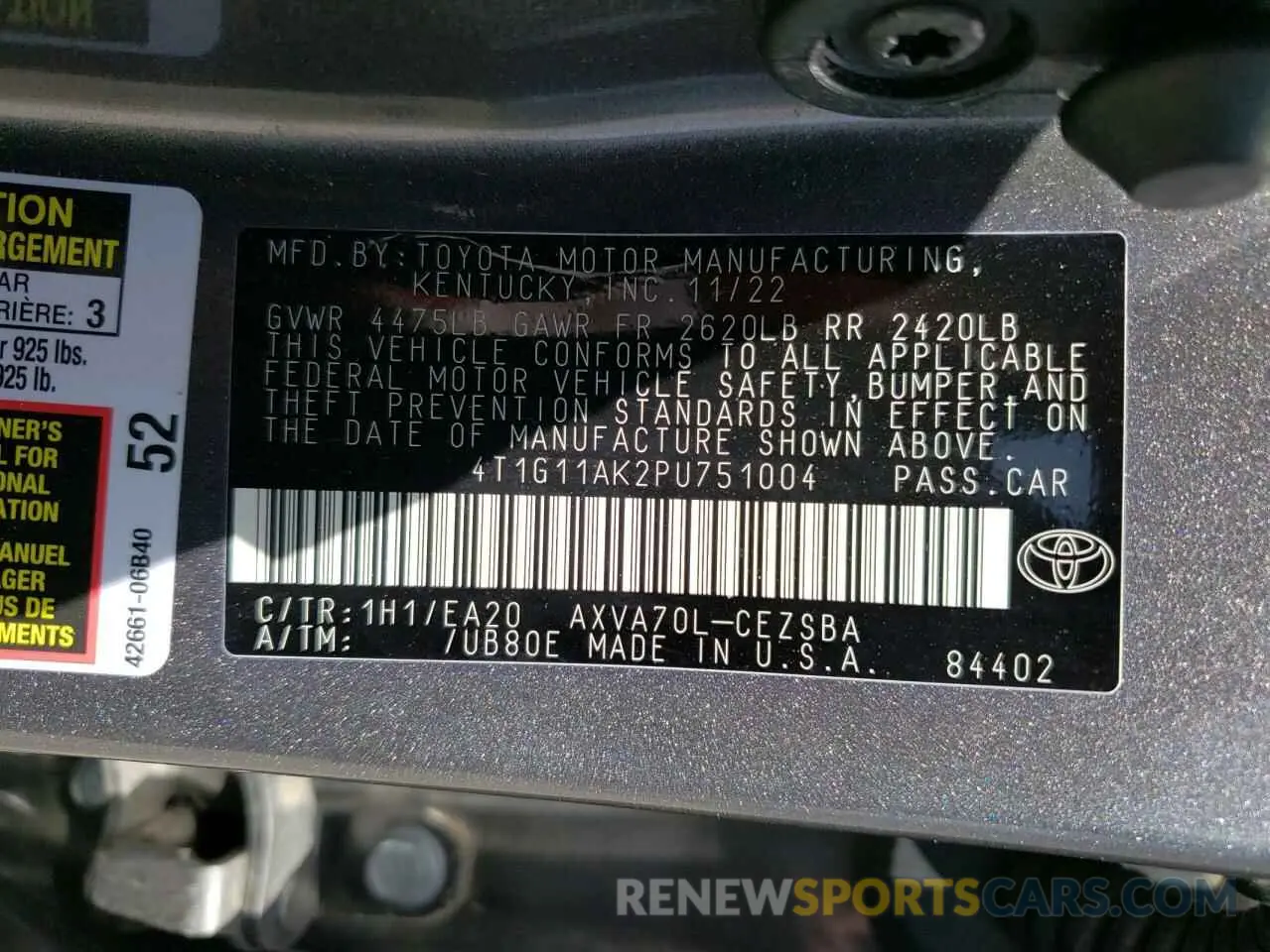 13 fotografías del automóvil dañado 4T1G11AK2PU751004 TOYOTA CAMRY 2023