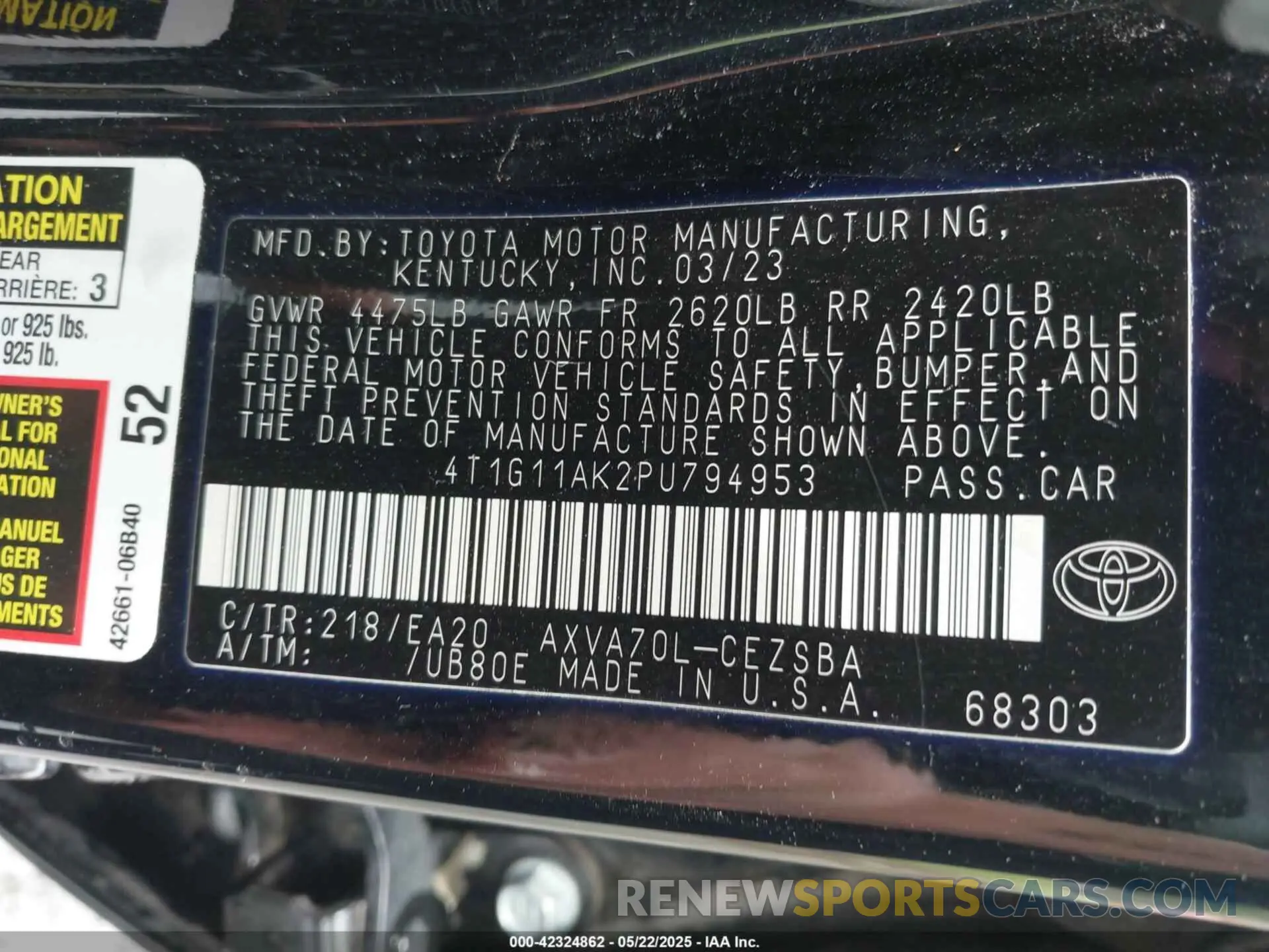 9 fotografías del automóvil dañado 4T1G11AK2PU794953 TOYOTA CAMRY 2023