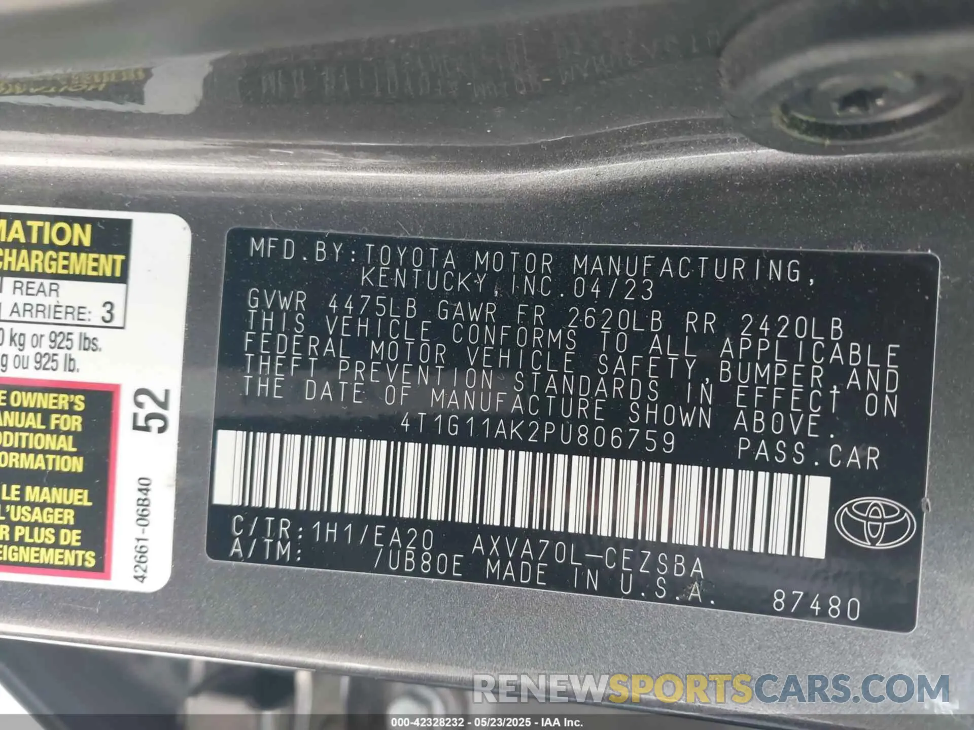 9 fotografías del automóvil dañado 4T1G11AK2PU806759 TOYOTA CAMRY 2023