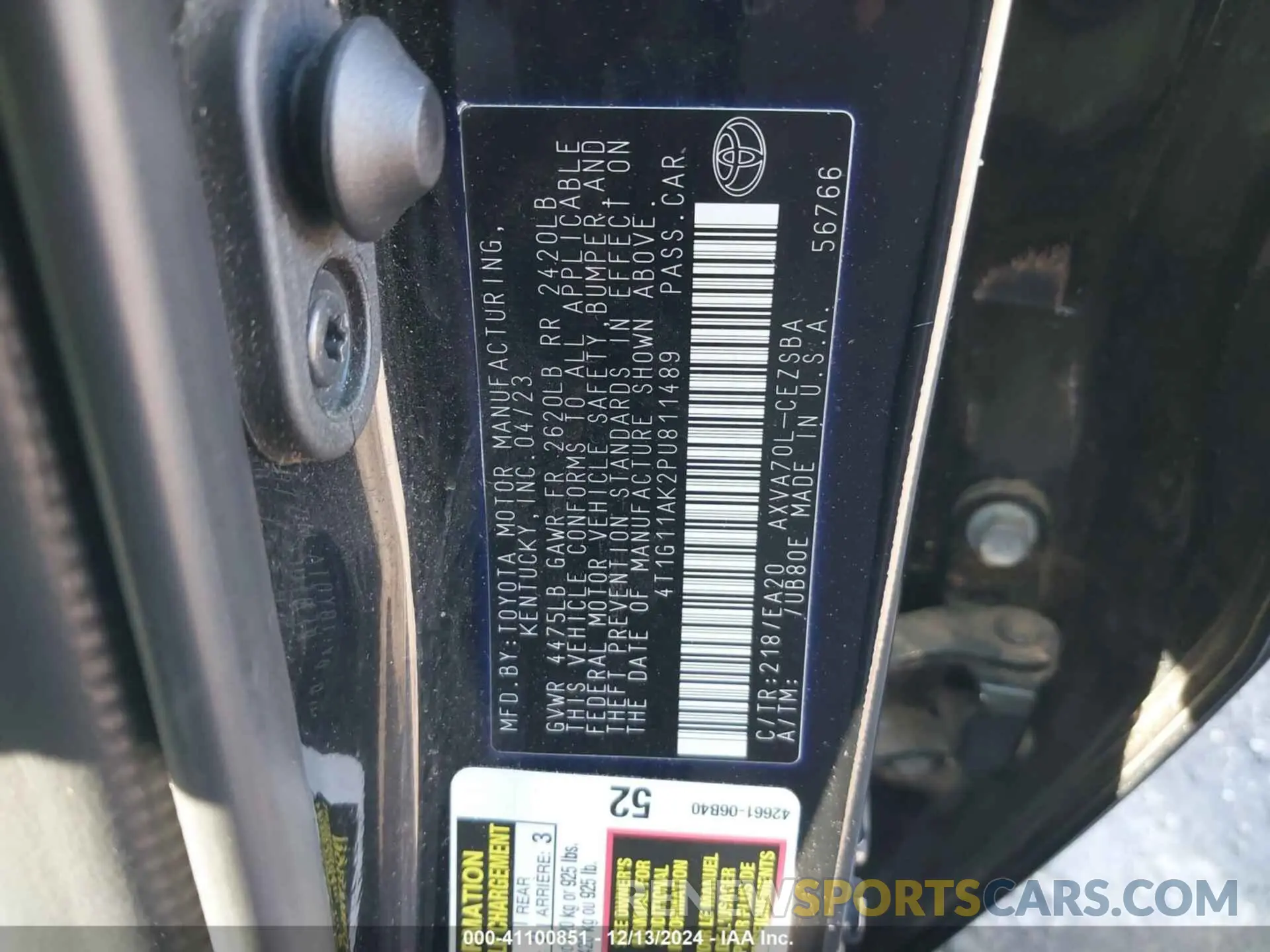 9 fotografías del automóvil dañado 4T1G11AK2PU811489 TOYOTA CAMRY 2023