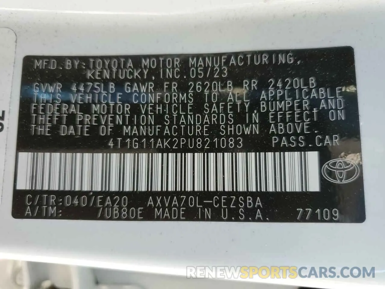 12 fotografías del automóvil dañado 4T1G11AK2PU821083 TOYOTA CAMRY 2023
