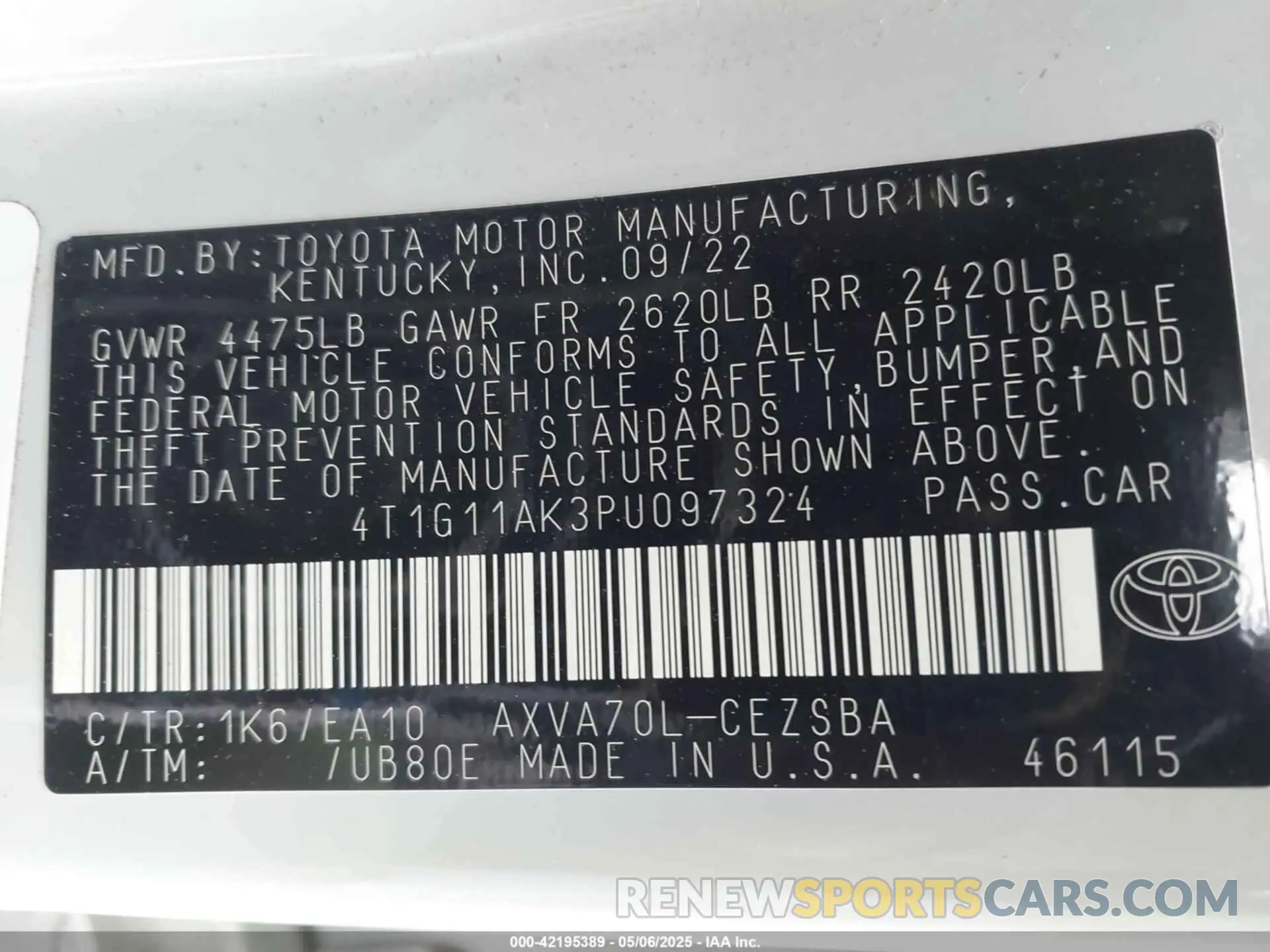 9 fotografías del automóvil dañado 4T1G11AK3PU097324 TOYOTA CAMRY 2023