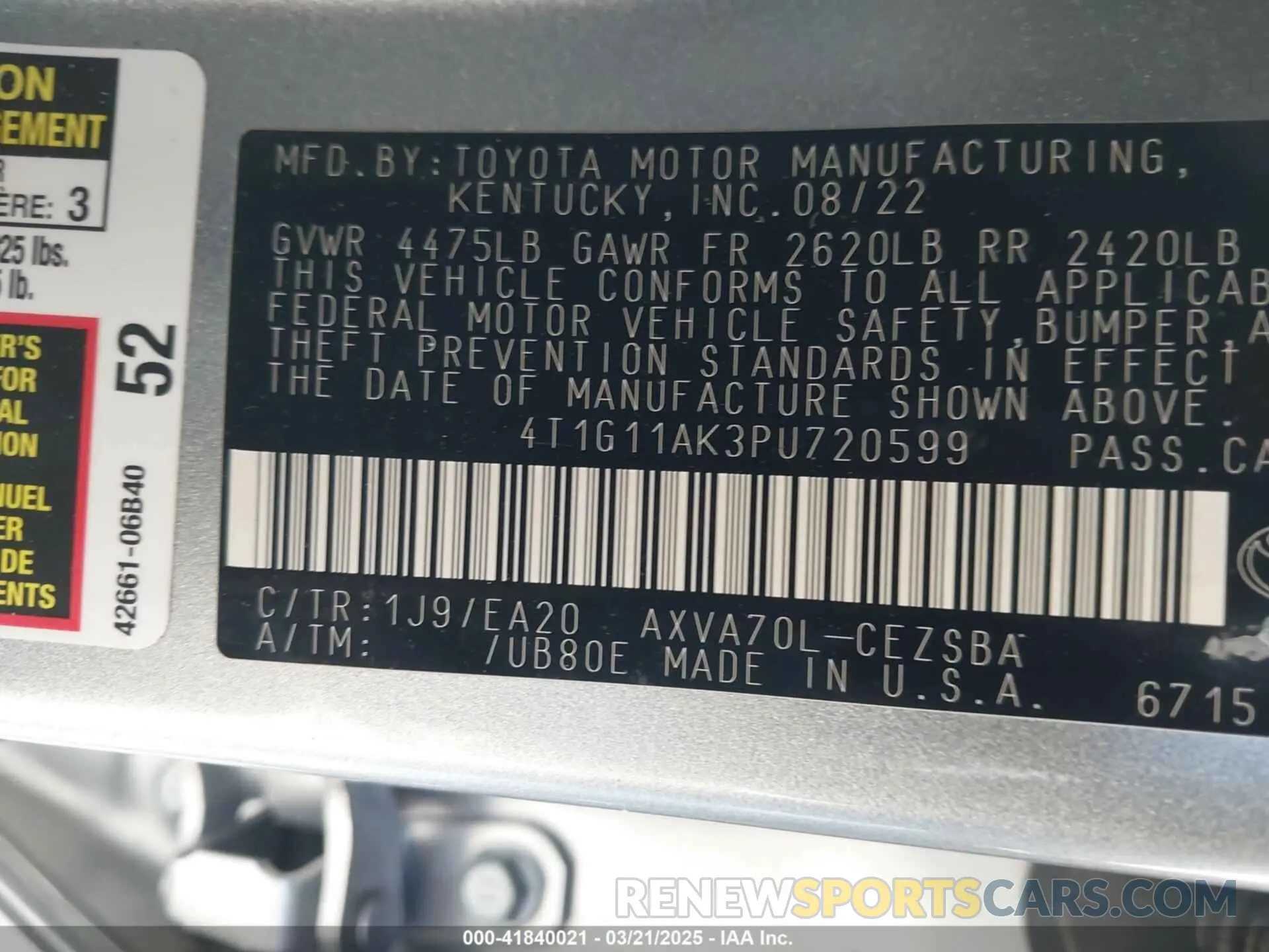 9 fotografías del automóvil dañado 4T1G11AK3PU720599 TOYOTA CAMRY 2023