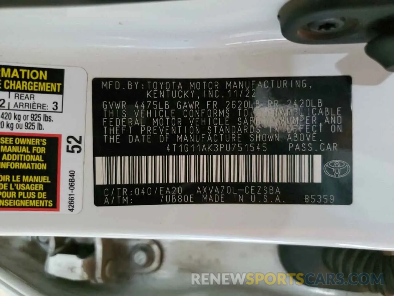 12 fotografías del automóvil dañado 4T1G11AK3PU751545 TOYOTA CAMRY 2023