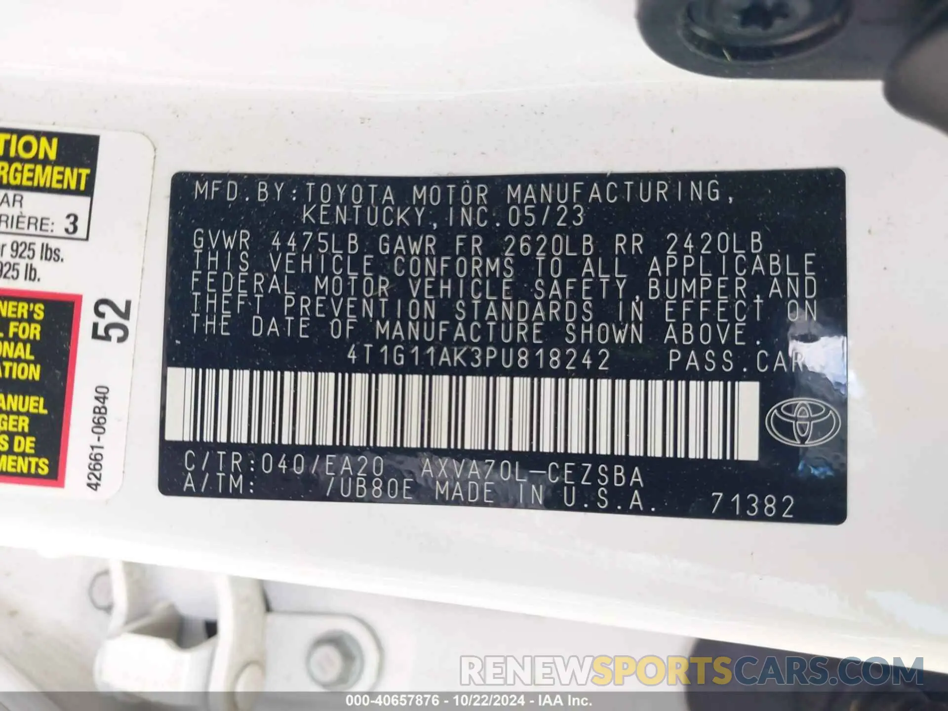 9 fotografías del automóvil dañado 4T1G11AK3PU818242 TOYOTA CAMRY 2023