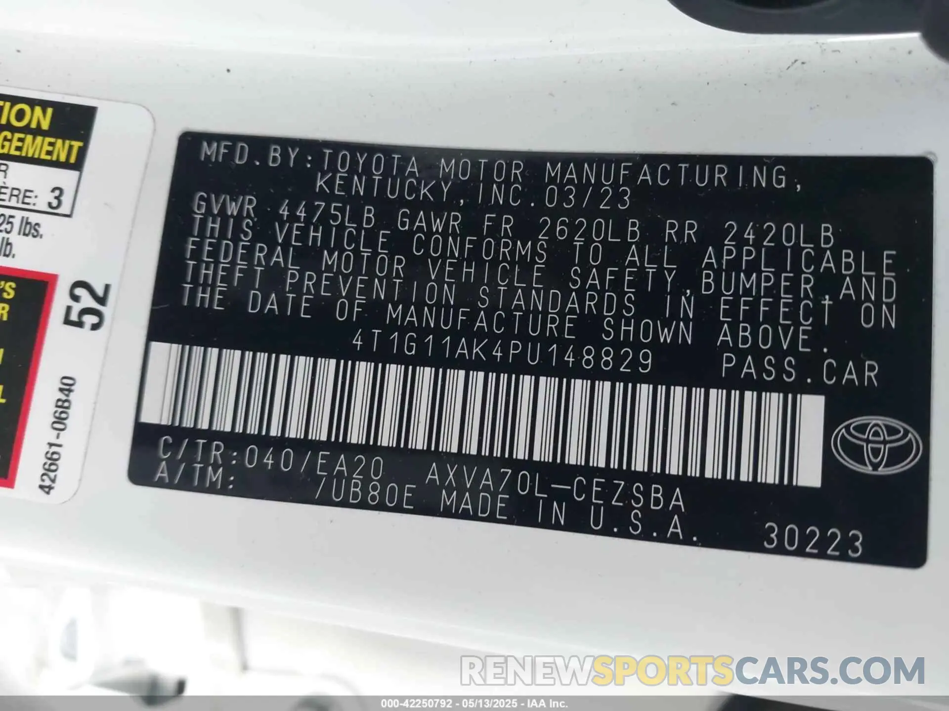 9 fotografías del automóvil dañado 4T1G11AK4PU148829 TOYOTA CAMRY 2023