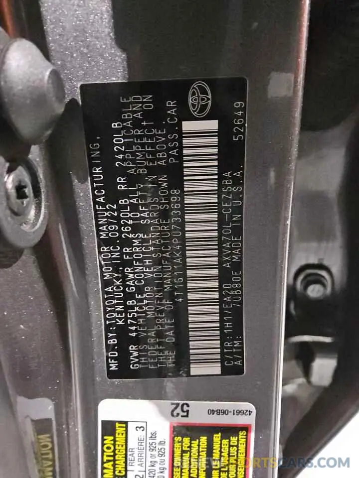 12 fotografías del automóvil dañado 4T1G11AK4PU733698 TOYOTA CAMRY 2023