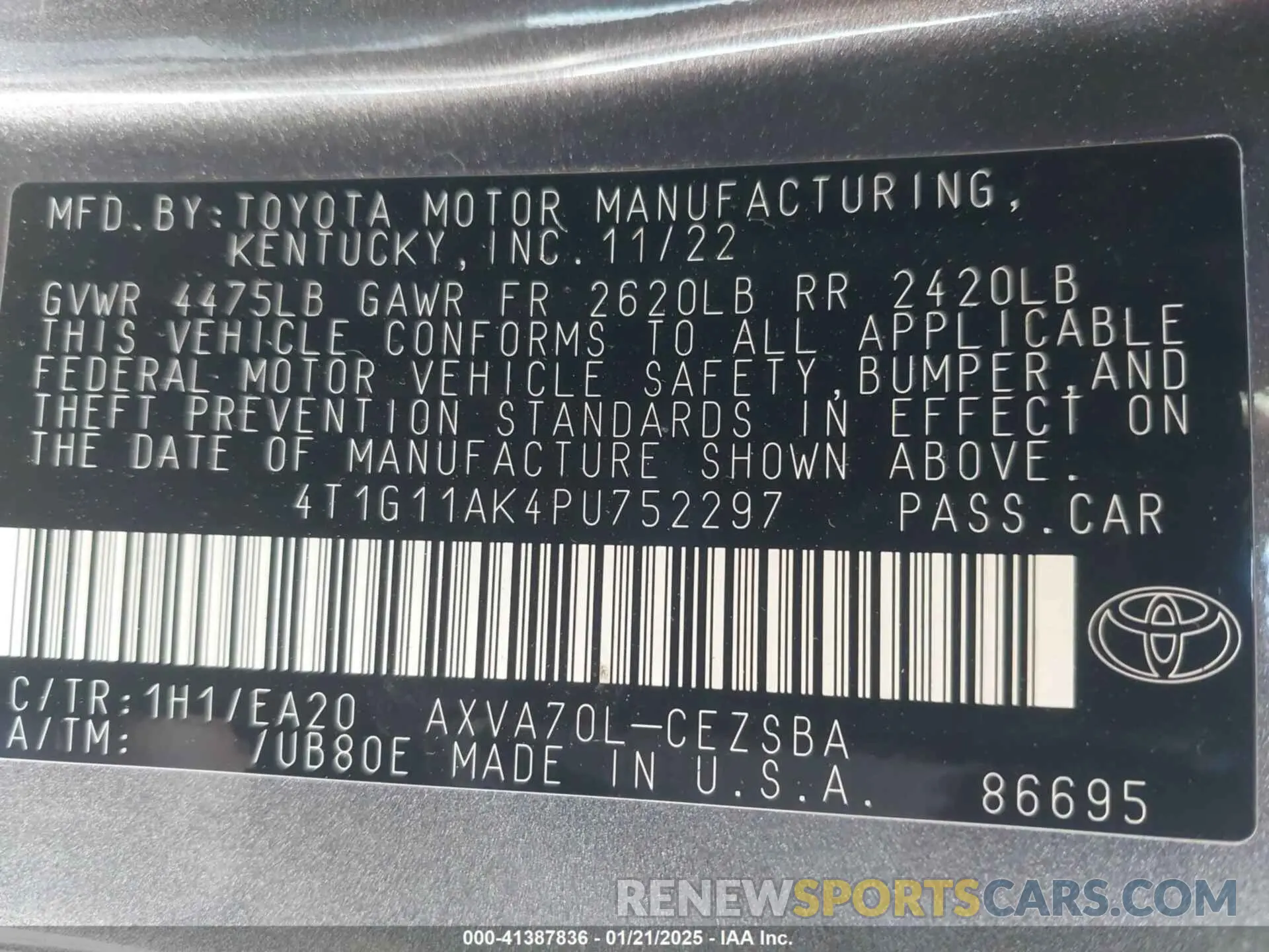 9 fotografías del automóvil dañado 4T1G11AK4PU752297 TOYOTA CAMRY 2023