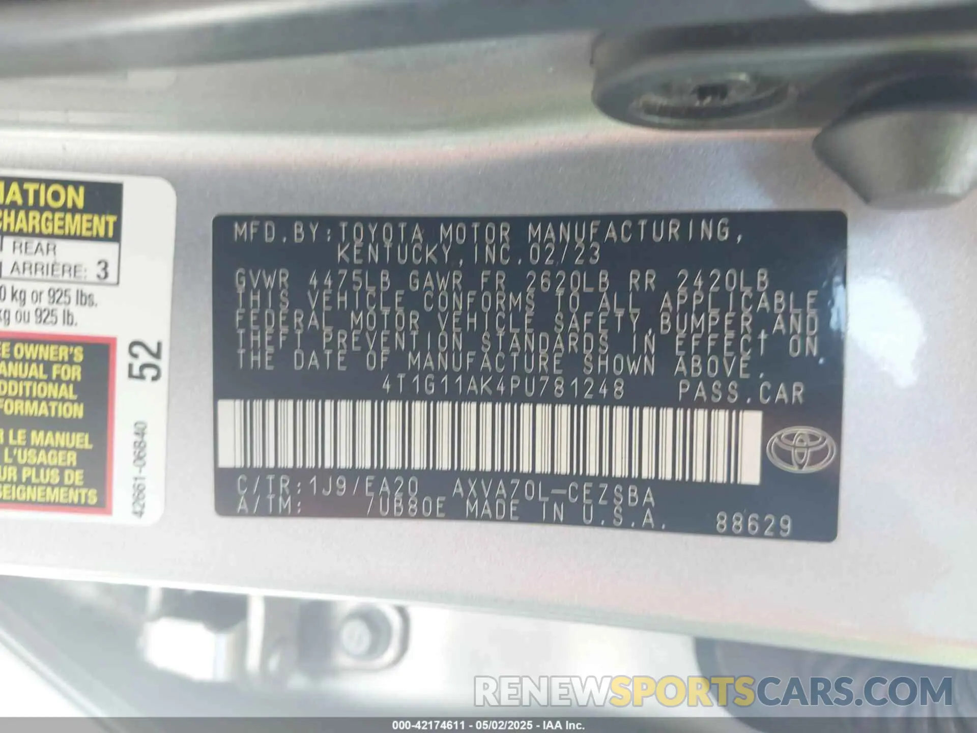 9 fotografías del automóvil dañado 4T1G11AK4PU781248 TOYOTA CAMRY 2023
