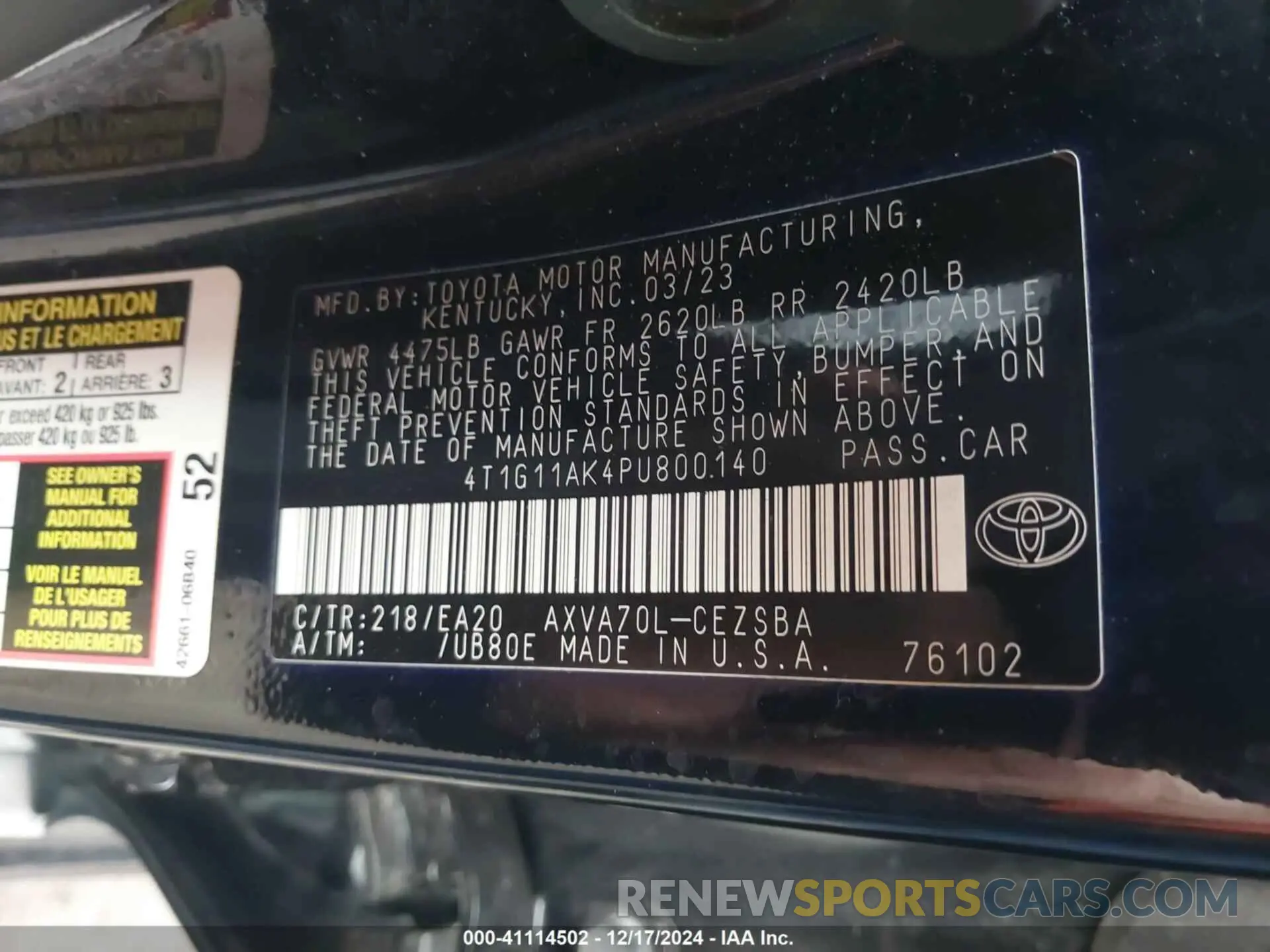9 fotografías del automóvil dañado 4T1G11AK4PU800140 TOYOTA CAMRY 2023