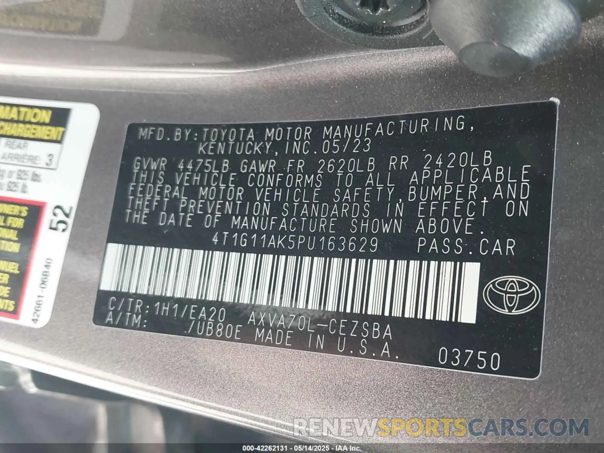 9 fotografías del automóvil dañado 4T1G11AK5PU163629 TOYOTA CAMRY 2023