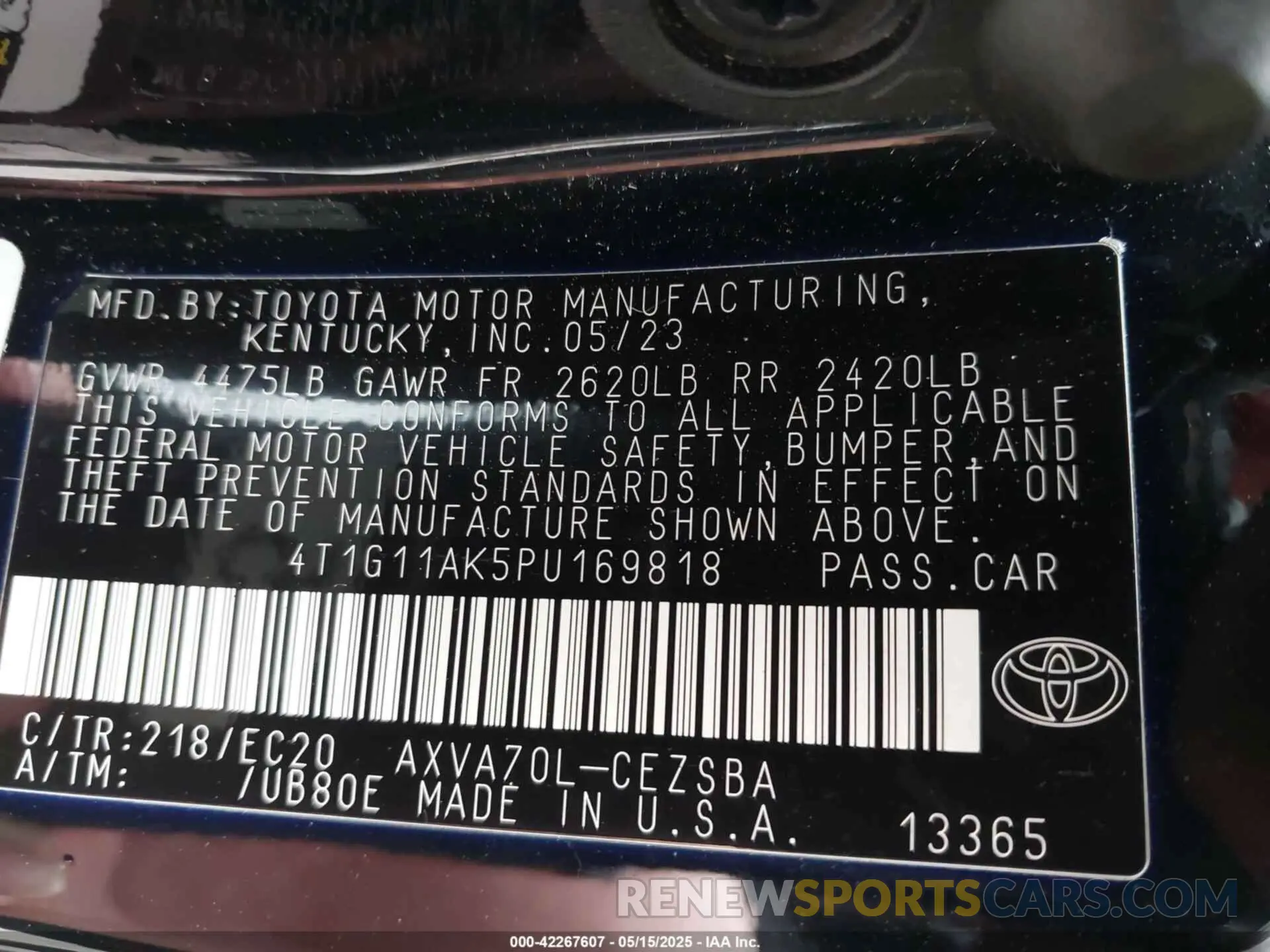 9 fotografías del automóvil dañado 4T1G11AK5PU169818 TOYOTA CAMRY 2023