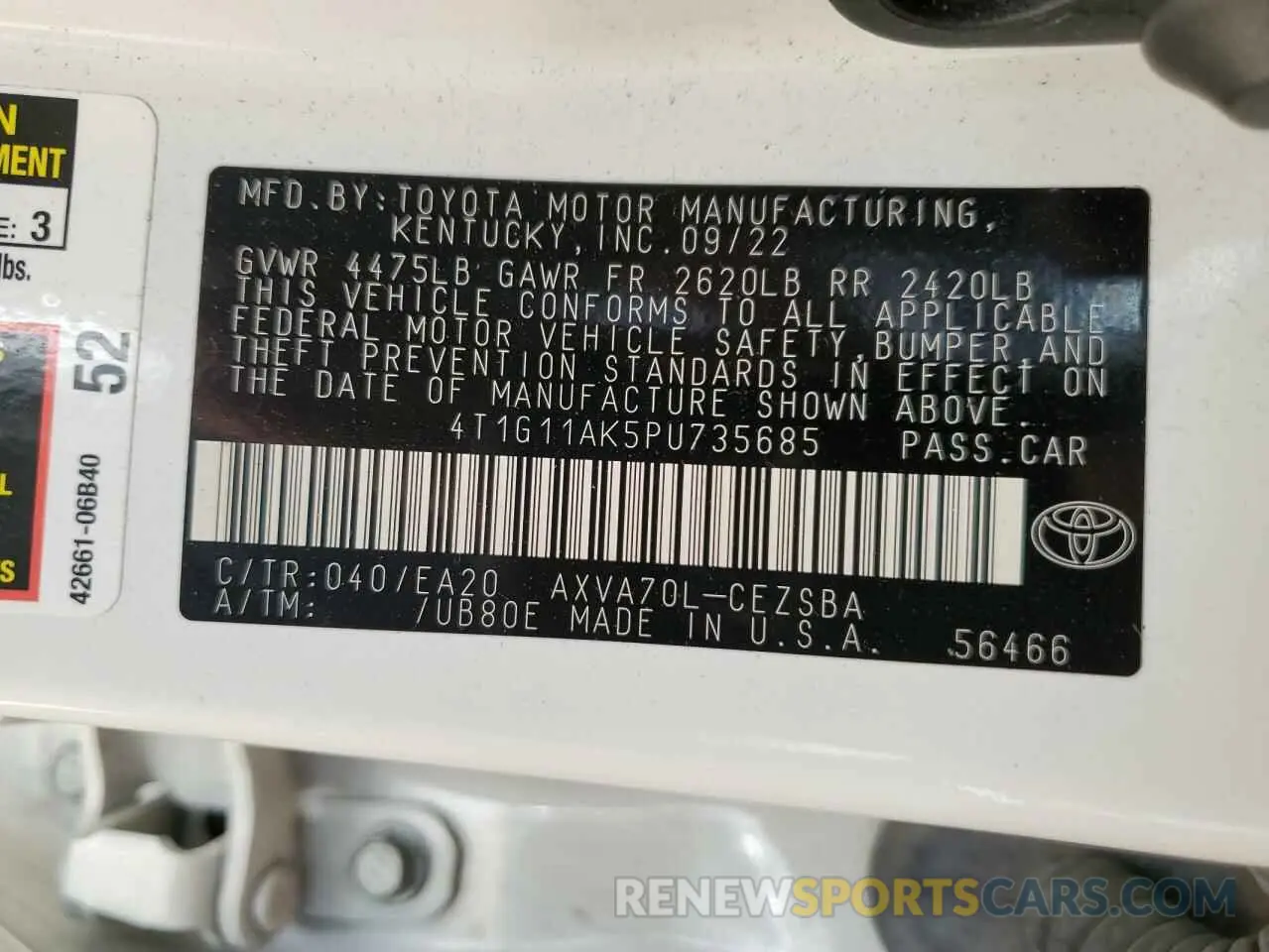 12 fotografías del automóvil dañado 4T1G11AK5PU735685 TOYOTA CAMRY 2023