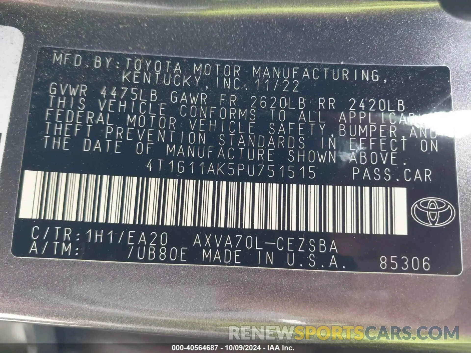 9 fotografías del automóvil dañado 4T1G11AK5PU751515 TOYOTA CAMRY 2023