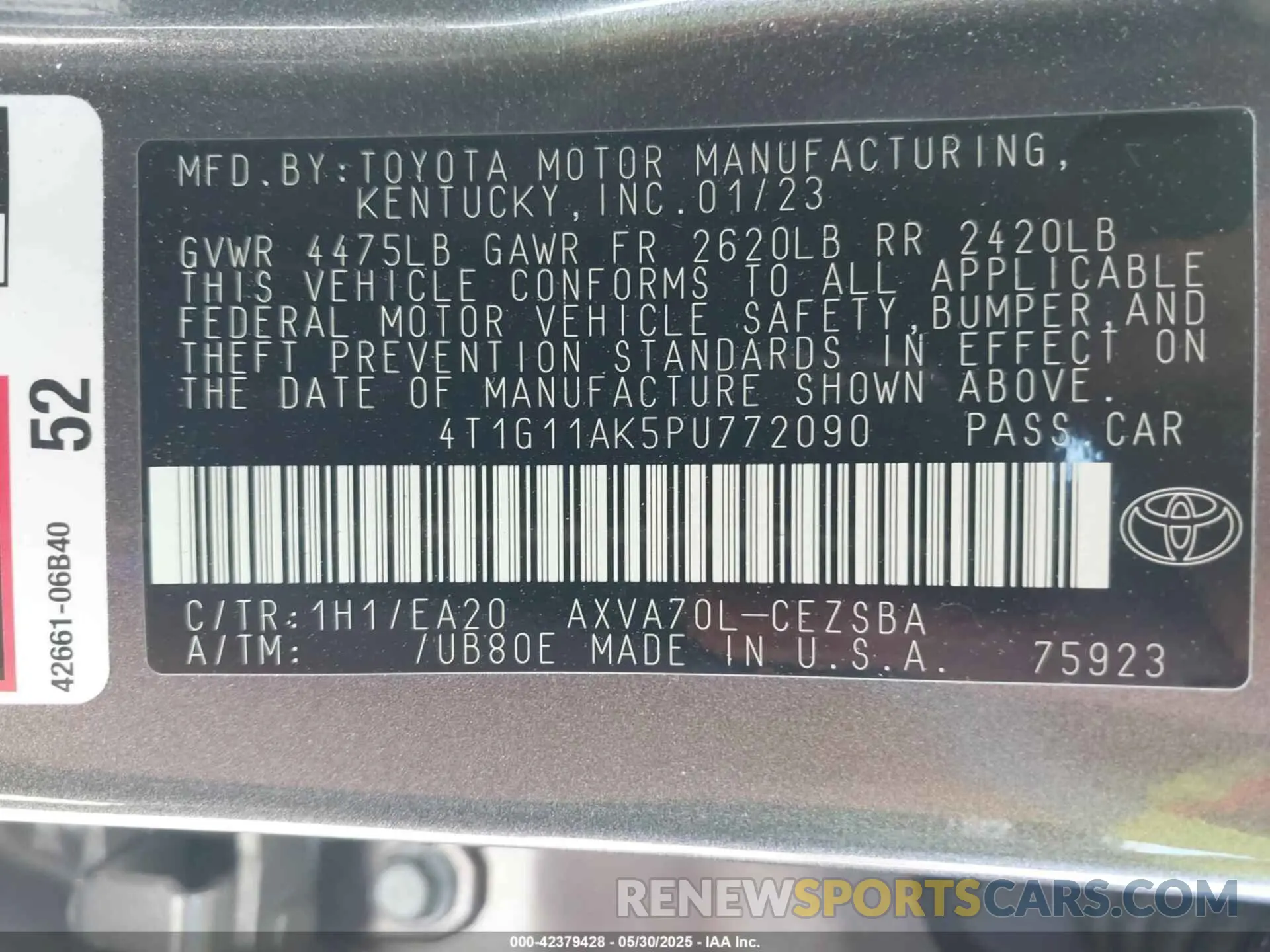 9 fotografías del automóvil dañado 4T1G11AK5PU772090 TOYOTA CAMRY 2023