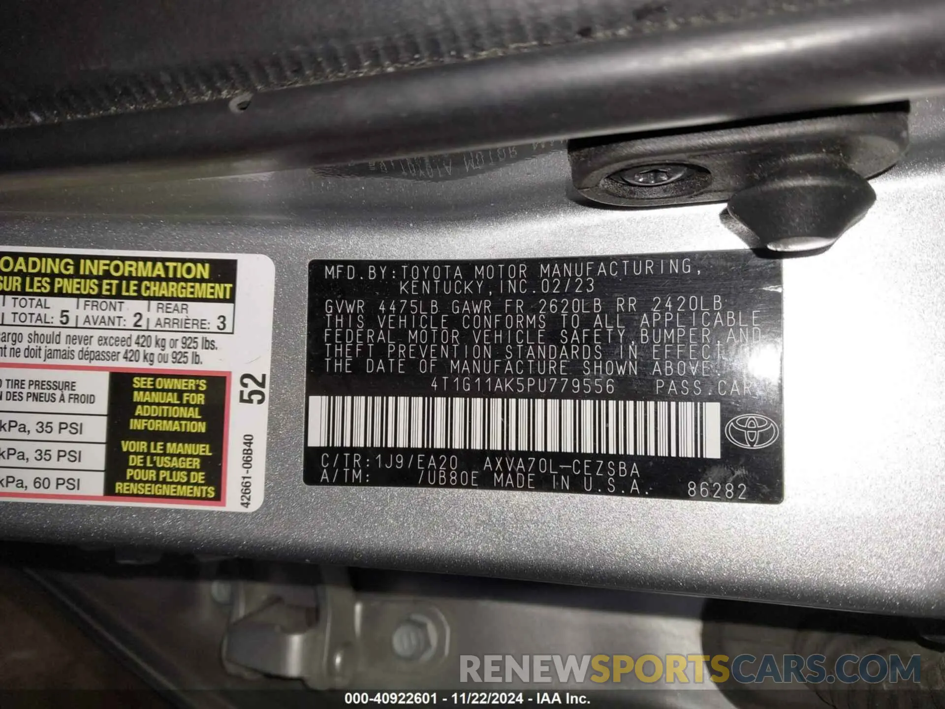9 fotografías del automóvil dañado 4T1G11AK5PU779556 TOYOTA CAMRY 2023